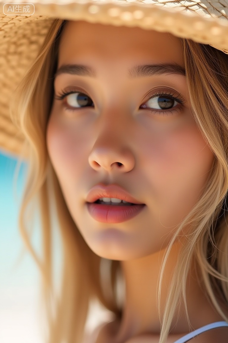 filmmood, a breezy, summery close-up of a woman/(Chinese/)  wearing a large straw hat. Her blonde hair falls over her face, partially obscuring her vision. The depth of field is extremely shallow, keeping only her visible eye in sharp focus. The lighting is high-key and natural, capturing a relaxed beach vacation vibefilm grain, shallow depth of field, cinematic lighting