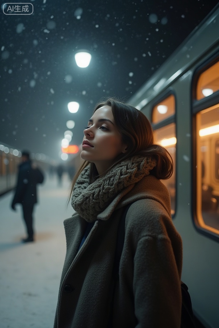 filmmood, a lone woman waiting at a quiet snow-covered train platform, wool coat and scarf, soft snowfall, warm window light spilling from the station, breath visible in cold air, tender melancholy, film grain, shallow depth of field, cinematic lighting