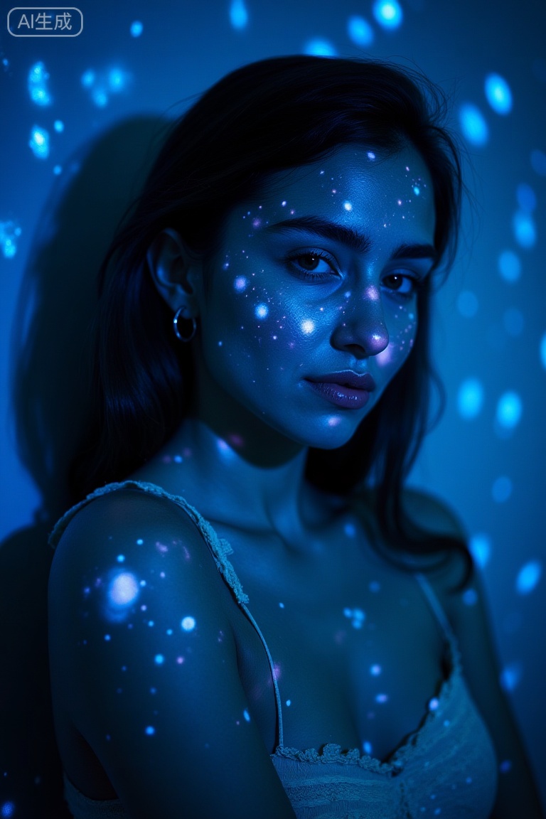 filmmood, a cosmic, surreal portrait of a woman illuminated by a projector displaying a starry galaxy pattern. The blue and white specks of light cover her face and the wall behind her, creating a seamless blend between the subject and the background. The mood is ethereal and sci-fi, focusing on light as a texturefilm grain, shallow depth of field, cinematic lighting,