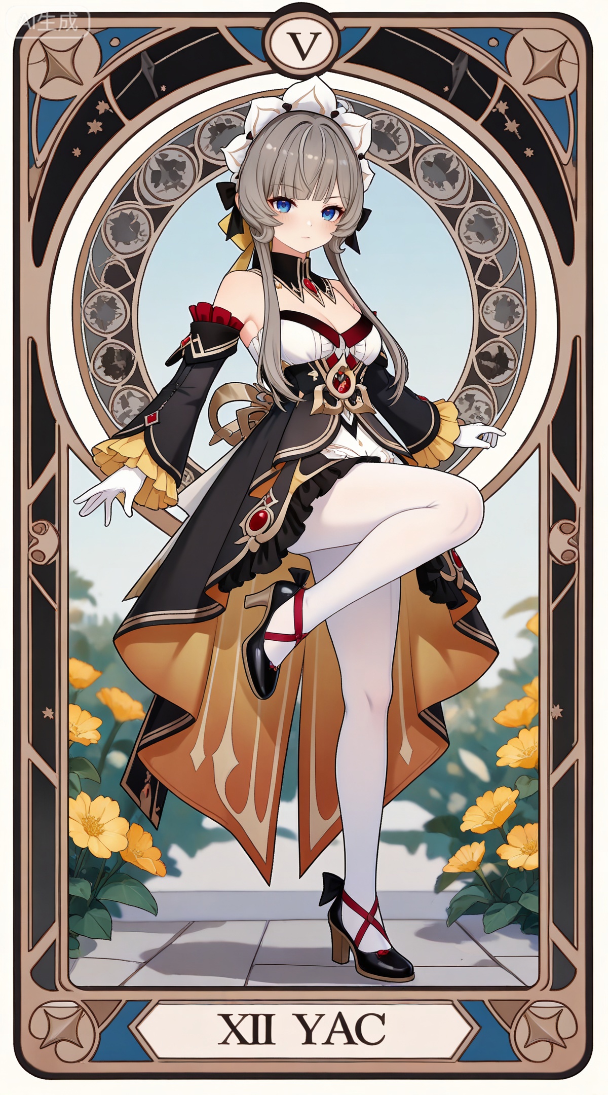 depth of field,masterpiece,best quality,very aesthetic,alternate costume,alternate costume,2024,2023,perfect composition,ultra-detailed,extreme aesthetic,masterpiece,best quality,good quality,newest,year 2024,year 2023,very aesthetic,absurdres,looking_at_viewer,colorful,,brown hair,grey hair,blue eyes,blunt bangs,braid,braided bun,detached collar,hair bow,headdress,maid headdress,hair bun,french braid,short hair with long locks,muou black and white dress,muou detached sleeves,muou frilled sleeves,muou white pantyhose,muou high heels,muou white gloves,1girl,solo,full body,looking at viewer,breasts,closed mouth,simple background,white background,bare shoulders,cleavage,medium breasts,(from_side:1.2),kicking,art nouveau,traditional media,flower,xiamu,(tarot (medium):1.2),day,shadow,