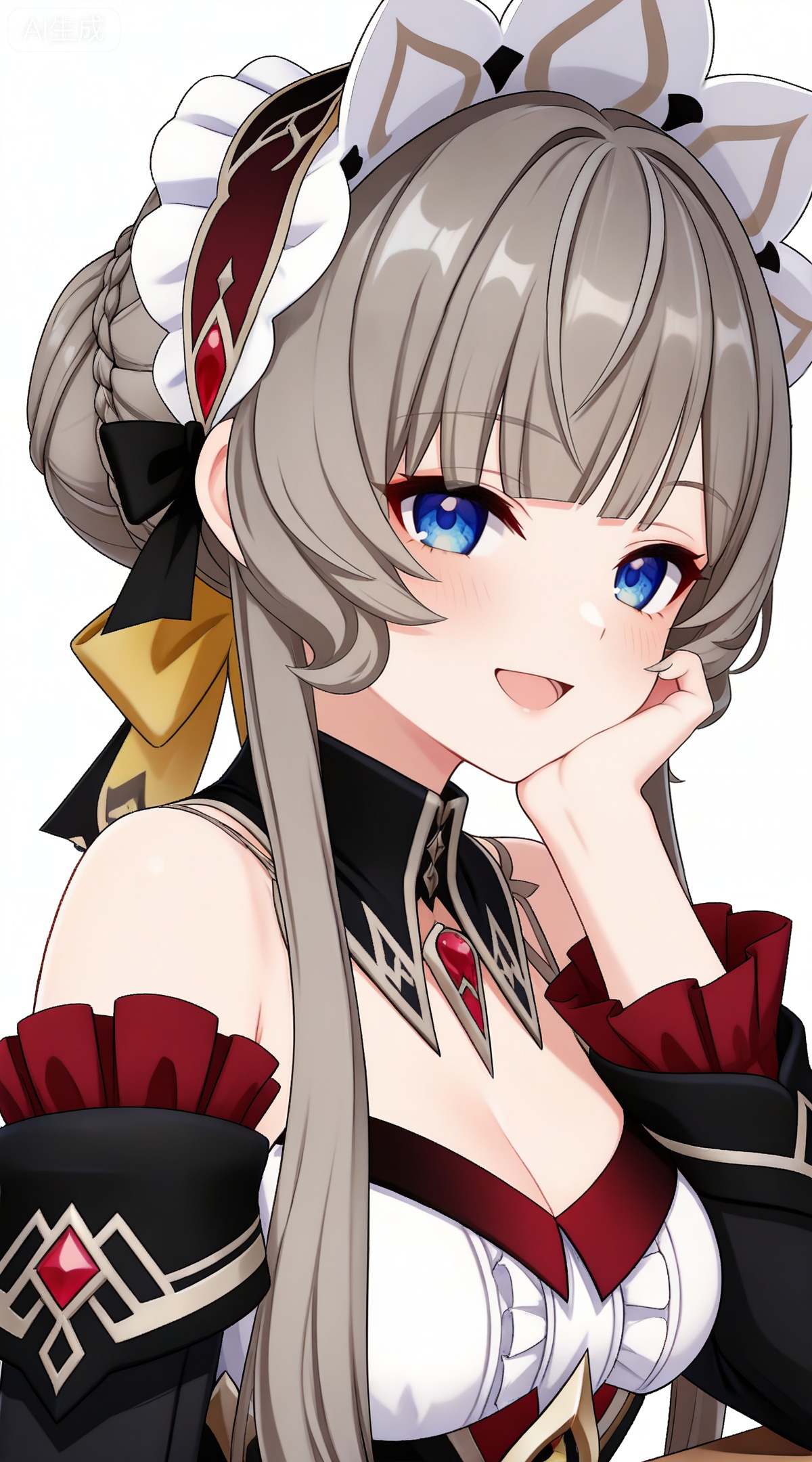 depth of field,masterpiece,best quality,very aesthetic,alternate costume,alternate costume,2024,2023,perfect composition,ultra-detailed,extreme aesthetic,masterpiece,best quality,good quality,newest,year 2024,year 2023,very aesthetic,absurdres,looking_at_viewer,colorful,,brown hair,grey hair,blue eyes,blunt bangs,braid,braided bun,detached collar,hair bow,headdress,maid headdress,hair bun,french braid,short hair with long locks,muou black and white dress,muou detached sleeves,muou frilled sleeves,1girl,solo,looking at viewer,breasts,simple background,upper body,white background,open mouth,smile,bare shoulders,cleavage,:d,medium breasts,(chin_rest:1.2)