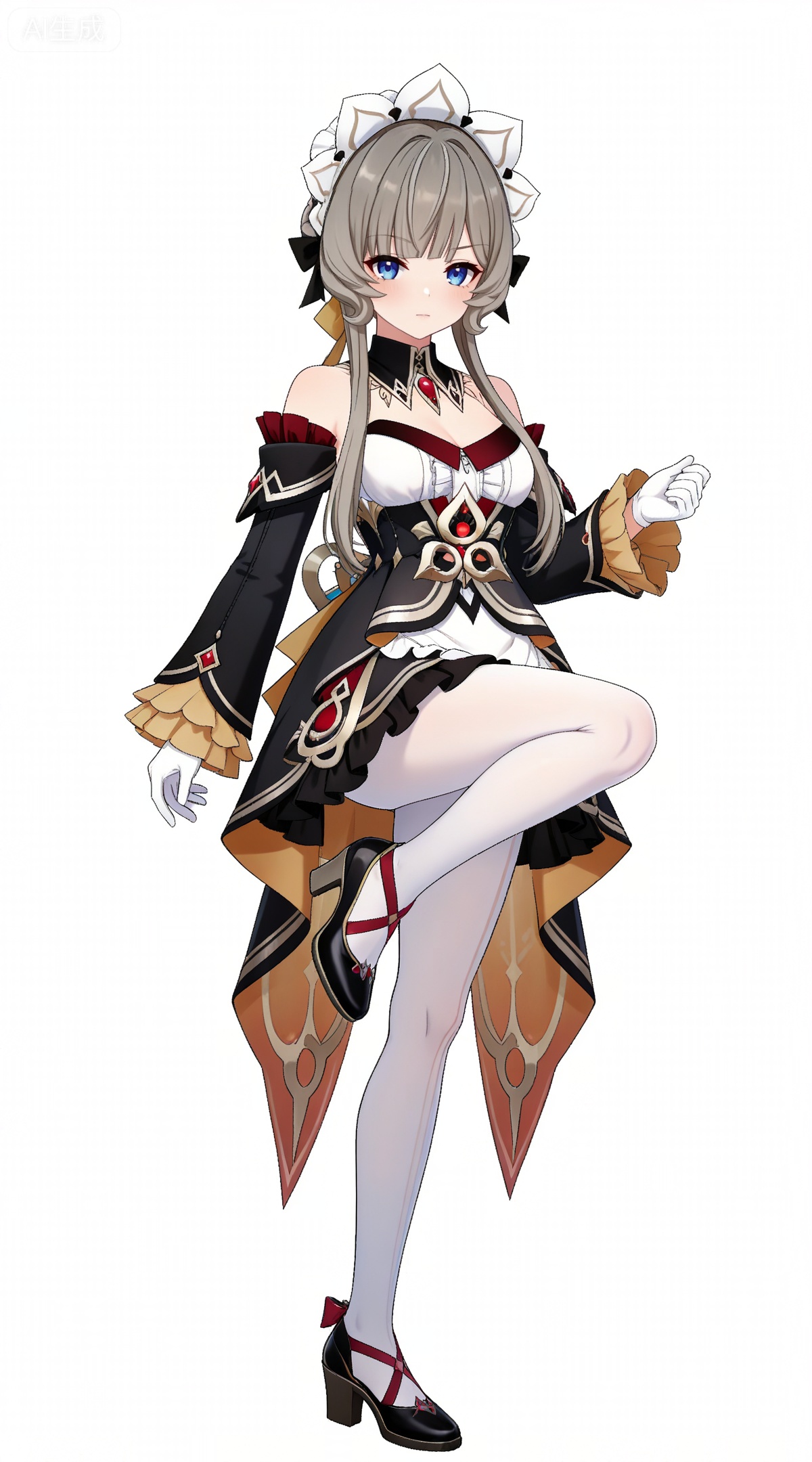 depth of field,masterpiece,best quality,very aesthetic,alternate costume,alternate costume,2024,2023,perfect composition,ultra-detailed,extreme aesthetic,masterpiece,best quality,good quality,newest,year 2024,year 2023,very aesthetic,absurdres,looking_at_viewer,colorful,,brown hair,grey hair,blue eyes,blunt bangs,braid,braided bun,detached collar,hair bow,headdress,maid headdress,hair bun,french braid,short hair with long locks,muou black and white dress,muou detached sleeves,muou frilled sleeves,muou white pantyhose,muou high heels,muou white gloves,1girl,solo,full body,looking at viewer,breasts,closed mouth,simple background,white background,bare shoulders,cleavage,medium breasts,(from_side:1.2),kicking,