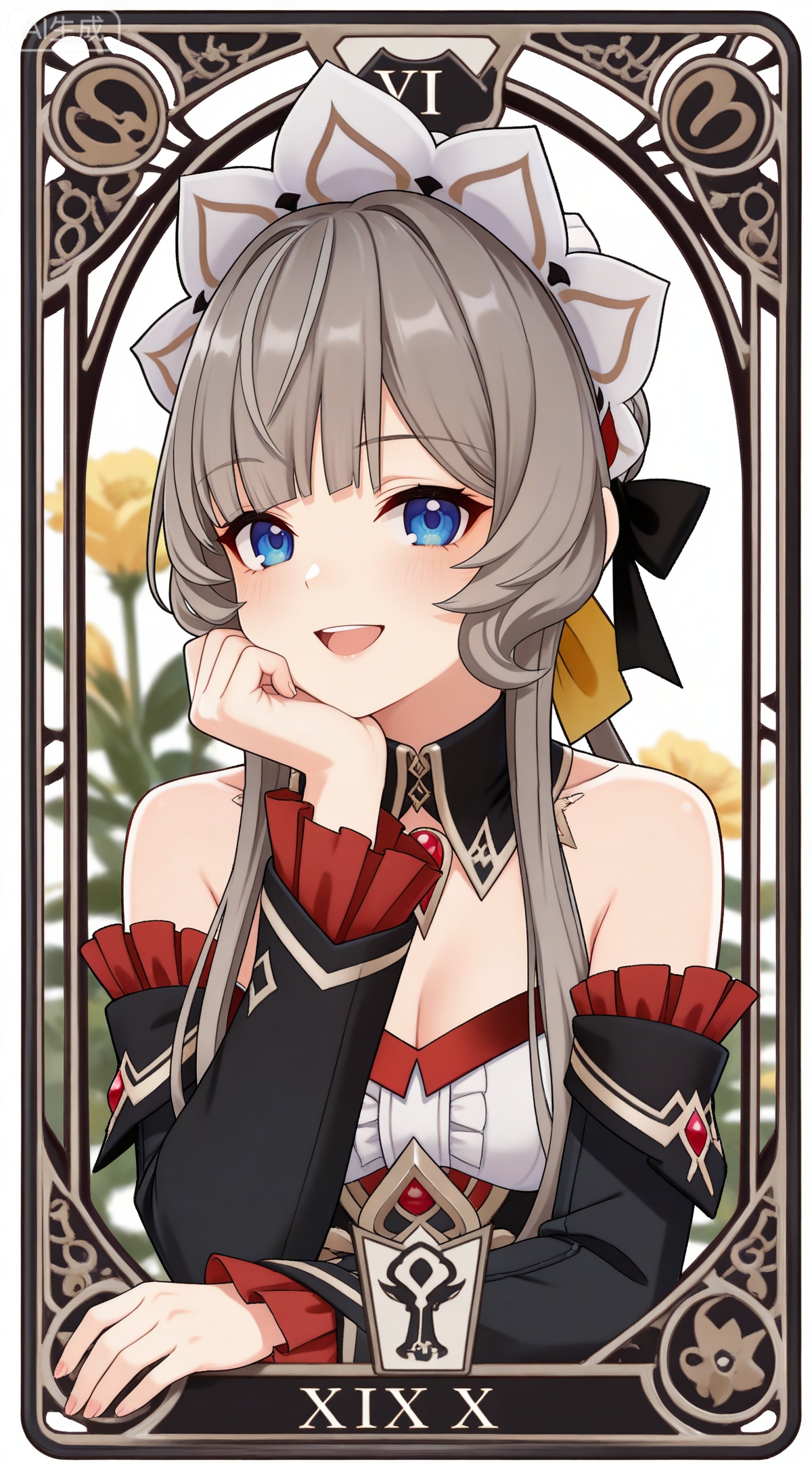 depth of field,masterpiece,best quality,very aesthetic,alternate costume,alternate costume,2024,2023,perfect composition,ultra-detailed,extreme aesthetic,masterpiece,best quality,good quality,newest,year 2024,year 2023,very aesthetic,absurdres,looking_at_viewer,colorful,,brown hair,grey hair,blue eyes,blunt bangs,braid,braided bun,detached collar,hair bow,headdress,maid headdress,hair bun,french braid,short hair with long locks,muou black and white dress,muou detached sleeves,muou frilled sleeves,1girl,solo,looking at viewer,breasts,simple background,upper body,white background,open mouth,smile,bare shoulders,cleavage,:d,medium breasts,(chin_rest:1.2),art nouveau,traditional media,flower,xiamu,(tarot (medium):1.2),day,shadow,