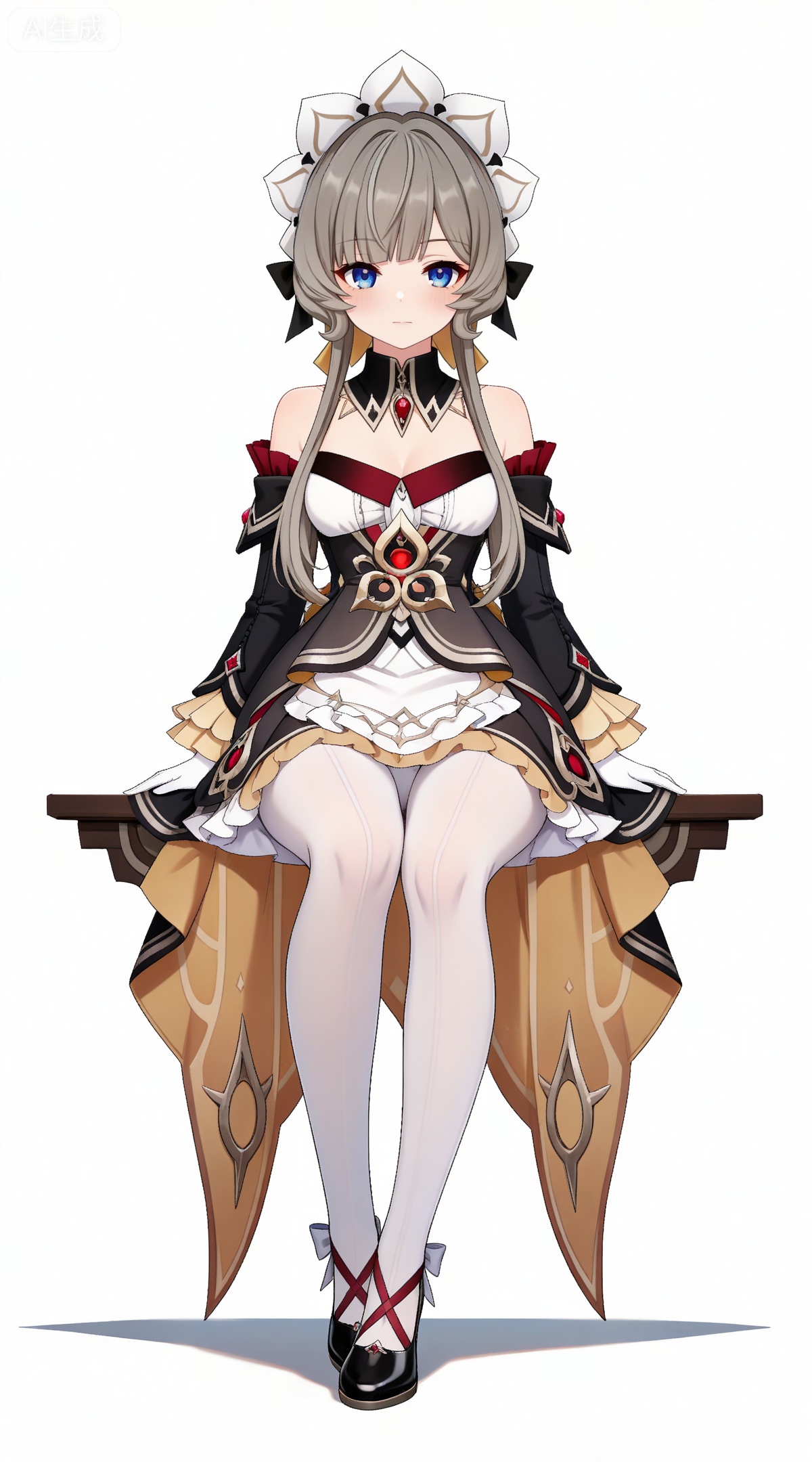 depth of field,masterpiece,best quality,very aesthetic,alternate costume,alternate costume,2024,2023,perfect composition,ultra-detailed,extreme aesthetic,masterpiece,best quality,good quality,newest,year 2024,year 2023,very aesthetic,absurdres,looking_at_viewer,colorful,,brown hair,grey hair,blue eyes,blunt bangs,braid,braided bun,detached collar,hair bow,headdress,maid headdress,hair bun,french braid,short hair with long locks,muou black and white dress,muou detached sleeves,muou frilled sleeves,muou white pantyhose,muou high heels,muou white gloves,1girl,solo,full body,looking at viewer,breasts,closed mouth,simple background,white background,bare shoulders,cleavage,medium breasts,(from_side:1.2),panties,sitting,