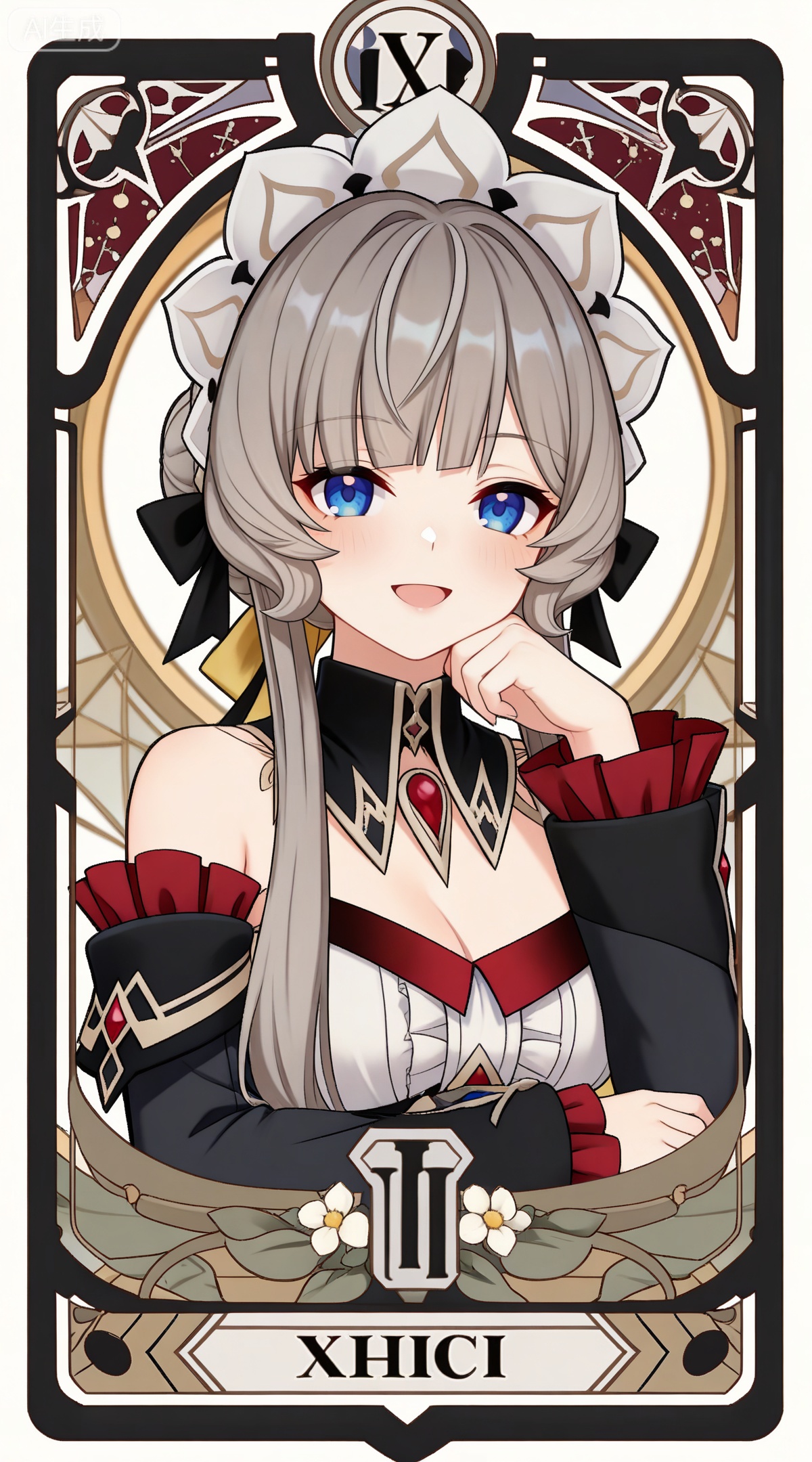 depth of field,masterpiece,best quality,very aesthetic,alternate costume,alternate costume,2024,2023,perfect composition,ultra-detailed,extreme aesthetic,masterpiece,best quality,good quality,newest,year 2024,year 2023,very aesthetic,absurdres,looking_at_viewer,colorful,,brown hair,grey hair,blue eyes,blunt bangs,braid,braided bun,detached collar,hair bow,headdress,maid headdress,hair bun,french braid,short hair with long locks,muou black and white dress,muou detached sleeves,muou frilled sleeves,1girl,solo,looking at viewer,breasts,simple background,upper body,white background,open mouth,smile,bare shoulders,cleavage,:d,medium breasts,(chin_rest:1.2),art nouveau,traditional media,flower,xiamu,(tarot (medium):1.2),day,shadow,