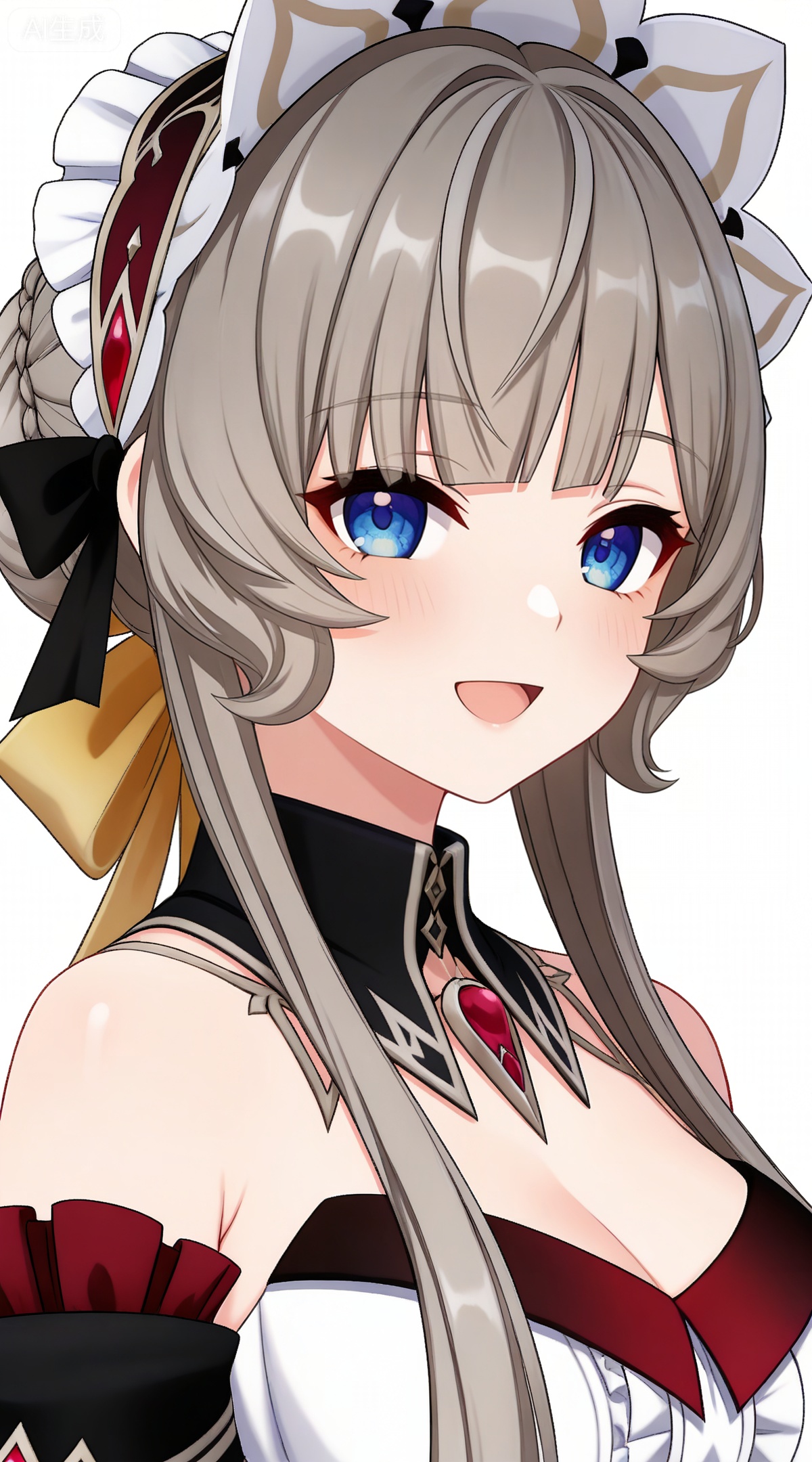 depth of field,masterpiece,best quality,very aesthetic,alternate costume,alternate costume,2024,2023,perfect composition,ultra-detailed,extreme aesthetic,masterpiece,best quality,good quality,newest,year 2024,year 2023,very aesthetic,absurdres,looking_at_viewer,colorful,,brown hair,grey hair,blue eyes,blunt bangs,braid,braided bun,detached collar,hair bow,headdress,maid headdress,hair bun,french braid,short hair with long locks,muou black and white dress,muou detached sleeves,muou frilled sleeves,1girl,solo,looking at viewer,breasts,simple background,upper body,white background,open mouth,smile,bare shoulders,cleavage,:d,medium breasts,