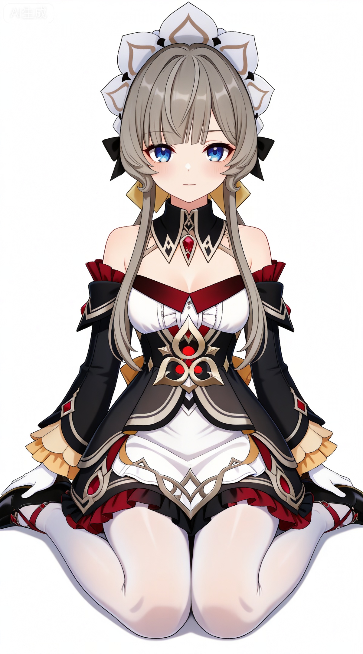 depth of field,masterpiece,best quality,very aesthetic,alternate costume,alternate costume,2024,2023,perfect composition,ultra-detailed,extreme aesthetic,masterpiece,best quality,good quality,newest,year 2024,year 2023,very aesthetic,absurdres,looking_at_viewer,colorful,,brown hair,grey hair,blue eyes,blunt bangs,braid,braided bun,detached collar,hair bow,headdress,maid headdress,hair bun,french braid,short hair with long locks,muou black and white dress,muou detached sleeves,muou frilled sleeves,muou white pantyhose,muou high heels,muou white gloves,1girl,solo,full body,straight-on,tachi-e,looking at viewer,breasts,closed mouth,simple background,white background,bare shoulders,cleavage,arms at sides,medium breasts,sitting,wariza,yokozuwari,