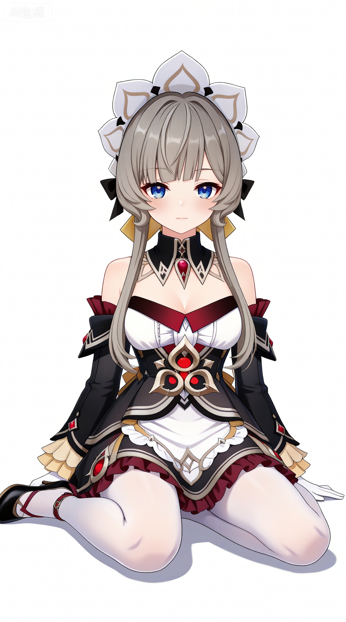 depth of field,masterpiece,best quality,very aesthetic,alternate costume,alternate costume,2024,2023,perfect composition,ultra-detailed,extreme aesthetic,masterpiece,best quality,good quality,newest,year 2024,year 2023,very aesthetic,absurdres,looking_at_viewer,colorful,,brown hair,grey hair,blue eyes,blunt bangs,braid,braided bun,detached collar,hair bow,headdress,maid headdress,hair bun,french braid,short hair with long locks,muou black and white dress,muou detached sleeves,muou frilled sleeves,muou white pantyhose,muou high heels,muou white gloves,1girl,solo,full body,straight-on,tachi-e,looking at viewer,breasts,closed mouth,simple background,white background,bare shoulders,cleavage,arms at sides,medium breasts,sitting,wariza,yokozuwari,