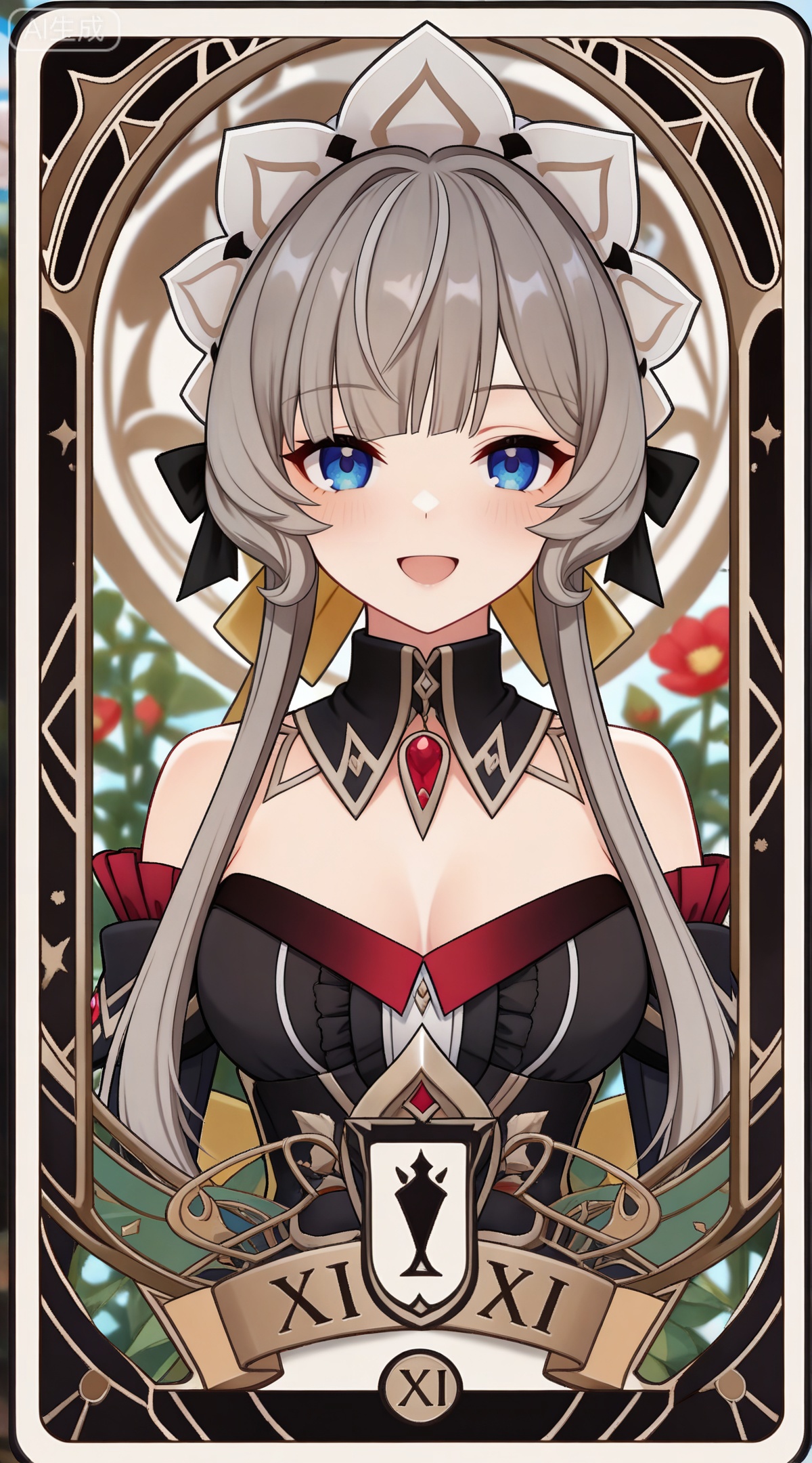 depth of field,masterpiece,best quality,very aesthetic,alternate costume,alternate costume,2024,2023,perfect composition,ultra-detailed,extreme aesthetic,masterpiece,best quality,good quality,newest,year 2024,year 2023,very aesthetic,absurdres,looking_at_viewer,colorful,,brown hair,grey hair,blue eyes,blunt bangs,braid,braided bun,detached collar,hair bow,headdress,maid headdress,hair bun,french braid,short hair with long locks,muou black and white dress,muou detached sleeves,muou frilled sleeves,1girl,solo,looking at viewer,breasts,simple background,upper body,white background,open mouth,smile,bare shoulders,cleavage,:d,medium breasts,
art nouveau,traditional media,flower,xiamu,(tarot (medium):1.2),day,shadow,