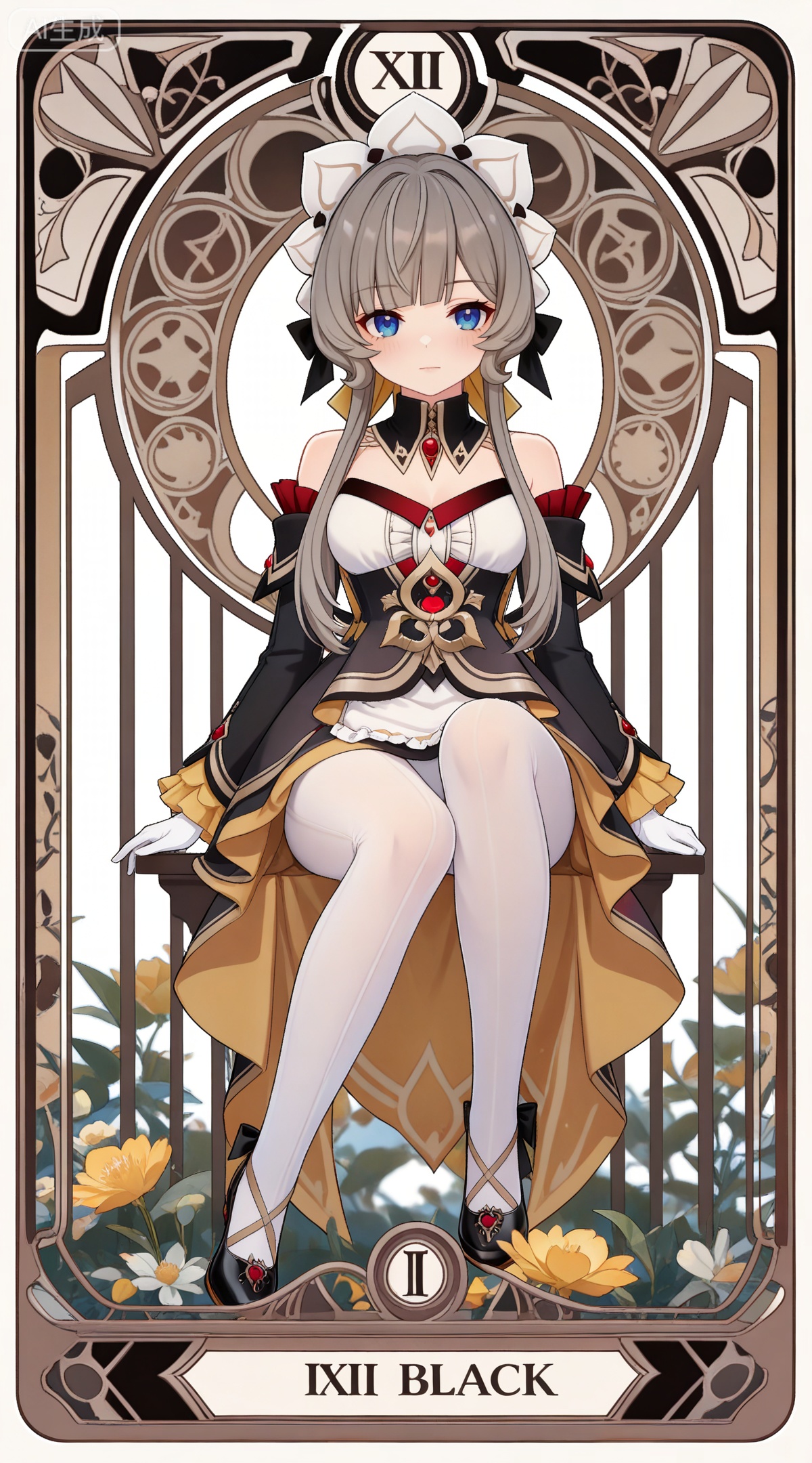 depth of field,masterpiece,best quality,very aesthetic,alternate costume,alternate costume,2024,2023,perfect composition,ultra-detailed,extreme aesthetic,masterpiece,best quality,good quality,newest,year 2024,year 2023,very aesthetic,absurdres,looking_at_viewer,colorful,,brown hair,grey hair,blue eyes,blunt bangs,braid,braided bun,detached collar,hair bow,headdress,maid headdress,hair bun,french braid,short hair with long locks,muou black and white dress,muou detached sleeves,muou frilled sleeves,muou white pantyhose,muou high heels,muou white gloves,1girl,solo,full body,looking at viewer,breasts,closed mouth,simple background,white background,bare shoulders,cleavage,medium breasts,(from_side:1.2),panties,sitting,art nouveau,traditional media,flower,xiamu,(tarot (medium):1.2),day,shadow,