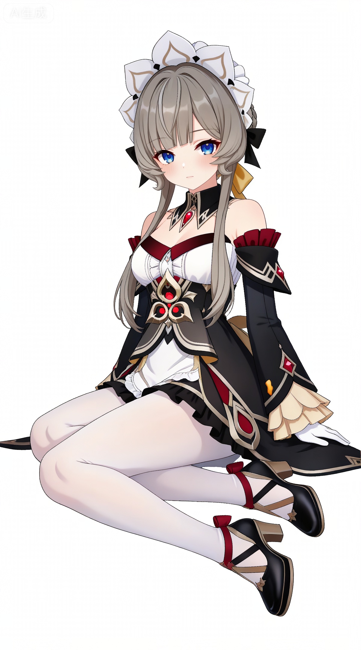 depth of field,masterpiece,best quality,very aesthetic,alternate costume,alternate costume,2024,2023,perfect composition,ultra-detailed,extreme aesthetic,masterpiece,best quality,good quality,newest,year 2024,year 2023,very aesthetic,absurdres,looking_at_viewer,colorful,,brown hair,grey hair,blue eyes,blunt bangs,braid,braided bun,detached collar,hair bow,headdress,maid headdress,hair bun,french braid,short hair with long locks,muou black and white dress,muou detached sleeves,muou frilled sleeves,muou white pantyhose,muou high heels,muou white gloves,1girl,solo,full body,looking at viewer,breasts,closed mouth,simple background,white background,bare shoulders,cleavage,arms at sides,medium breasts,sitting,yokozuwari,(from_side:1.2),