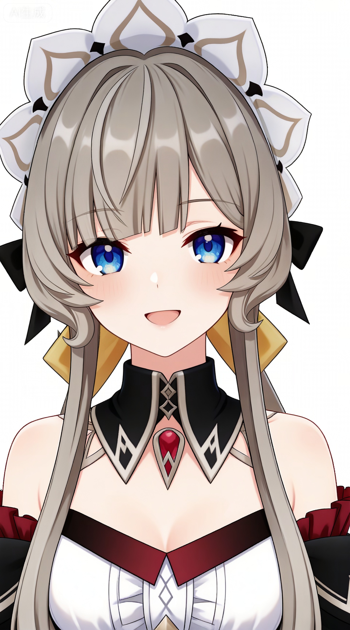 depth of field,masterpiece,best quality,very aesthetic,alternate costume,alternate costume,2024,2023,perfect composition,ultra-detailed,extreme aesthetic,masterpiece,best quality,good quality,newest,year 2024,year 2023,very aesthetic,absurdres,looking_at_viewer,colorful,,brown hair,grey hair,blue eyes,blunt bangs,braid,braided bun,detached collar,hair bow,headdress,maid headdress,hair bun,french braid,short hair with long locks,muou black and white dress,muou detached sleeves,muou frilled sleeves,1girl,solo,looking at viewer,breasts,simple background,upper body,white background,open mouth,smile,bare shoulders,cleavage,:d,medium breasts,