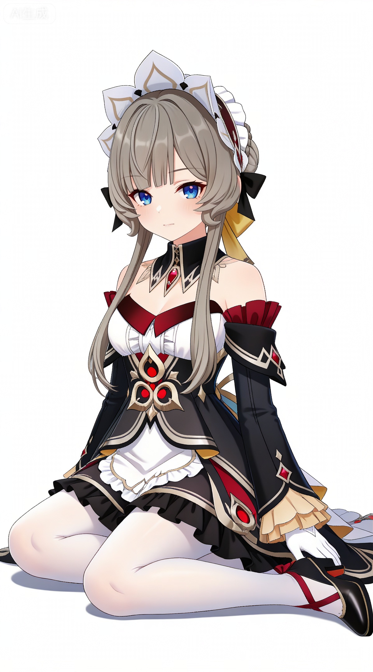 depth of field,masterpiece,best quality,very aesthetic,alternate costume,alternate costume,2024,2023,perfect composition,ultra-detailed,extreme aesthetic,masterpiece,best quality,good quality,newest,year 2024,year 2023,very aesthetic,absurdres,looking_at_viewer,colorful,,brown hair,grey hair,blue eyes,blunt bangs,braid,braided bun,detached collar,hair bow,headdress,maid headdress,hair bun,french braid,short hair with long locks,muou black and white dress,muou detached sleeves,muou frilled sleeves,muou white pantyhose,muou high heels,muou white gloves,1girl,solo,full body,looking at viewer,breasts,closed mouth,simple background,white background,bare shoulders,cleavage,arms at sides,medium breasts,sitting,yokozuwari,(from_side:1.2),