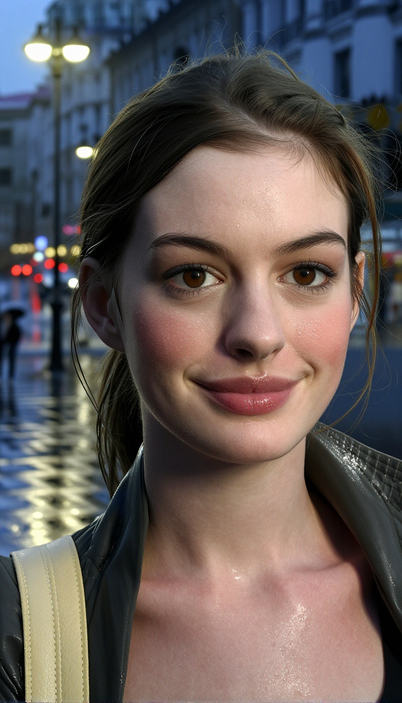 Atmospheric urban portrait after rain,  young woman in city street environment,  strictly no makeup bare natural face on T...