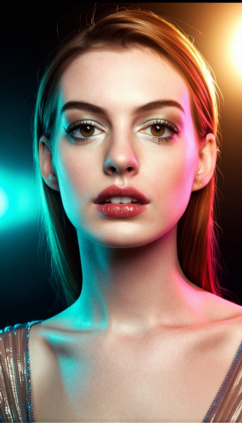 Creative high-end studio beauty portrait,  gorgeous girl Su4kAnne with flawless glowing skin,  almond-shaped eyes with gol...