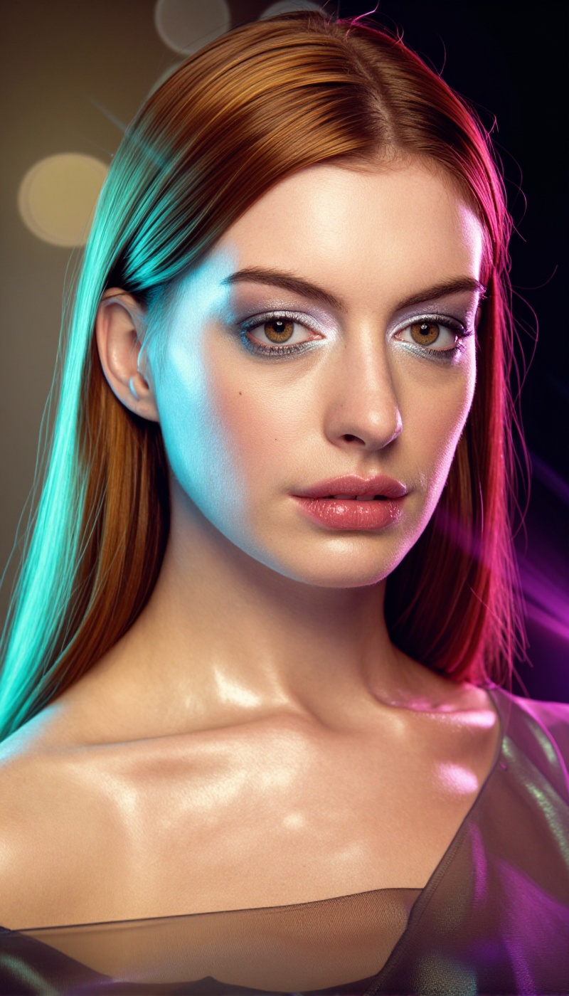 Creative high-end studio beauty portrait,  gorgeous girl Su4kAnne with flawless glowing skin,  almond-shaped eyes with gol...