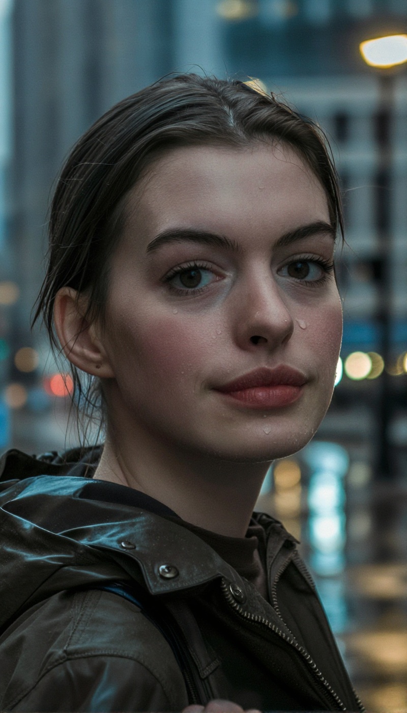 Atmospheric urban portrait after rain,  young woman in city street environment,  strictly no makeup bare natural face on T...