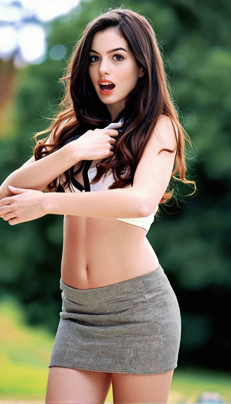 Create a high-resolution image of a 18-year-old girl Su4kAnne with a slim body,  wearing a mini skirt and a crop top. Capt...