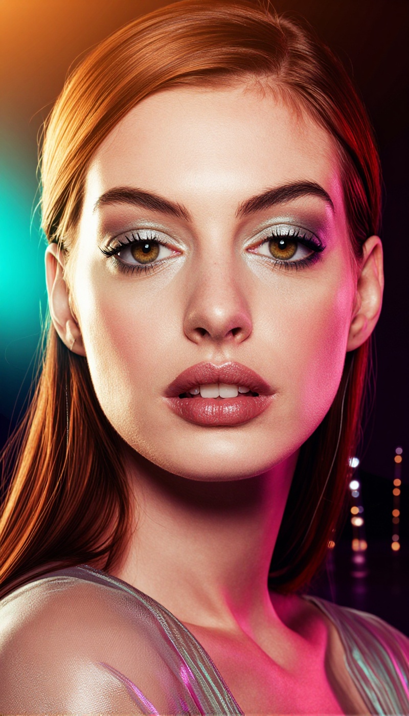 Creative high-end studio beauty portrait,  gorgeous girl Su4kAnne with flawless glowing skin,  almond-shaped eyes with gol...