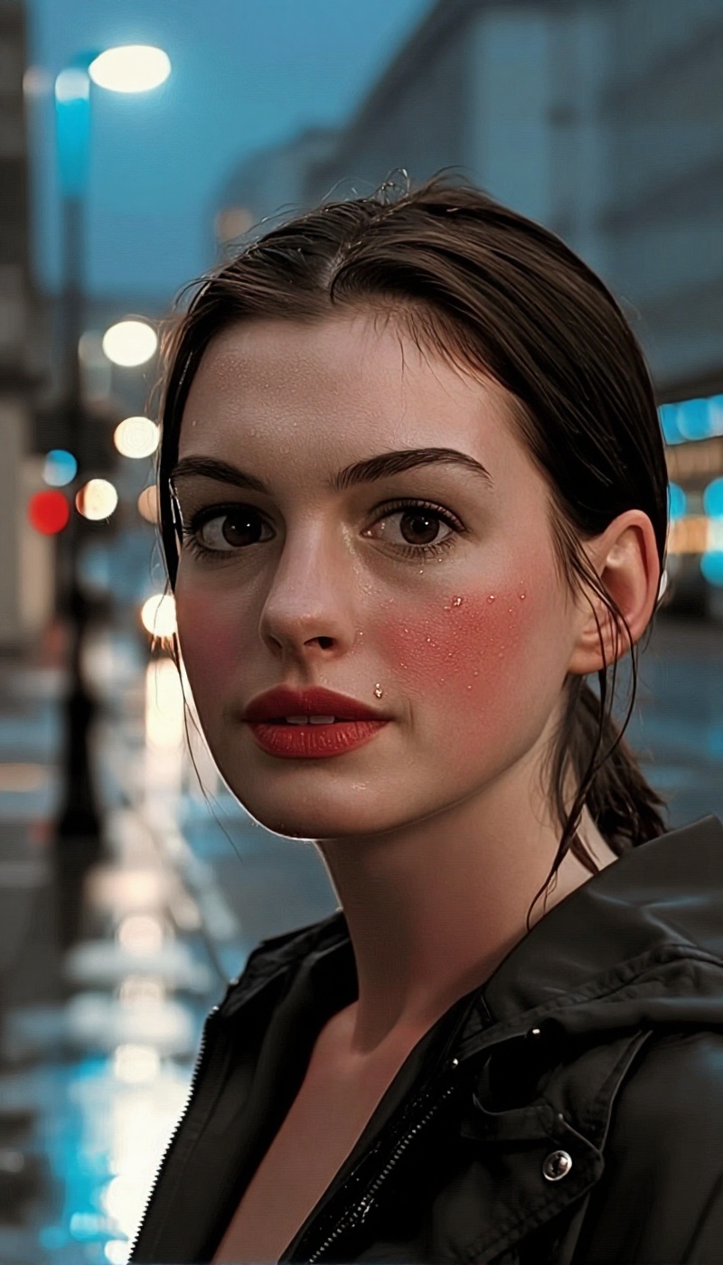 Atmospheric urban portrait after rain,  young woman in city street environment,  strictly no makeup bare natural face on T...