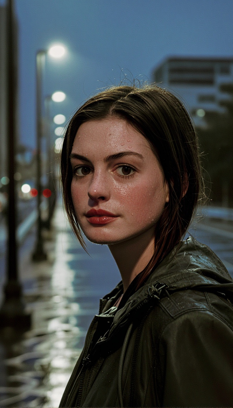 Atmospheric urban portrait after rain,  young woman in city street environment,  strictly no makeup bare natural face on T...