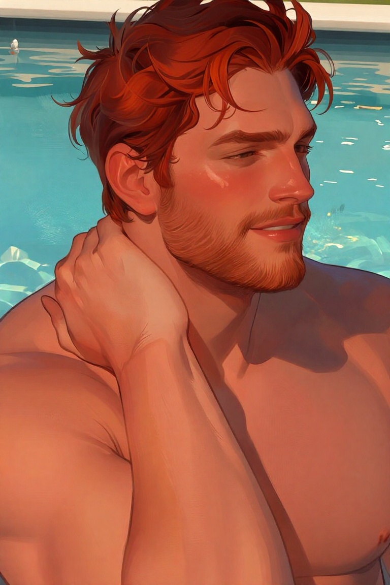 1male,  pool background. Smiling nervously as he rubbing the back of his neck. His hair is cut in a quiff style. He is a g...