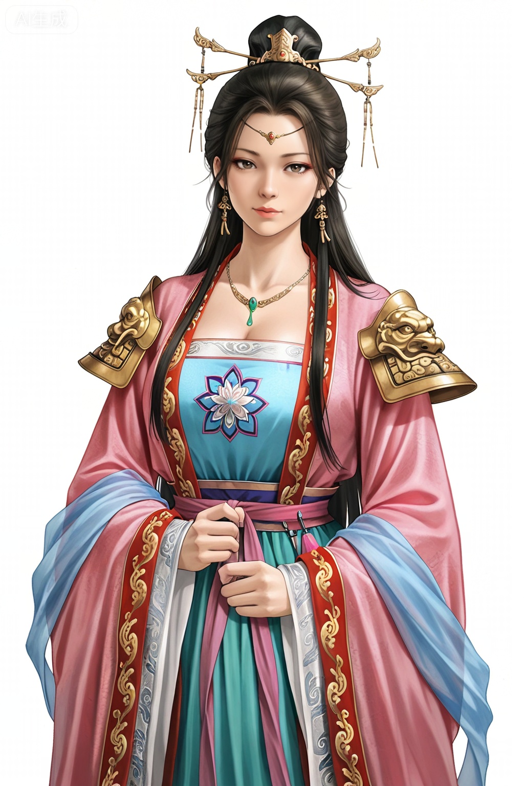 masterpiece, best quality,solo,white background,simple_background,sanguo_style,hanfu,breastplate,shoulder armor,jewelry