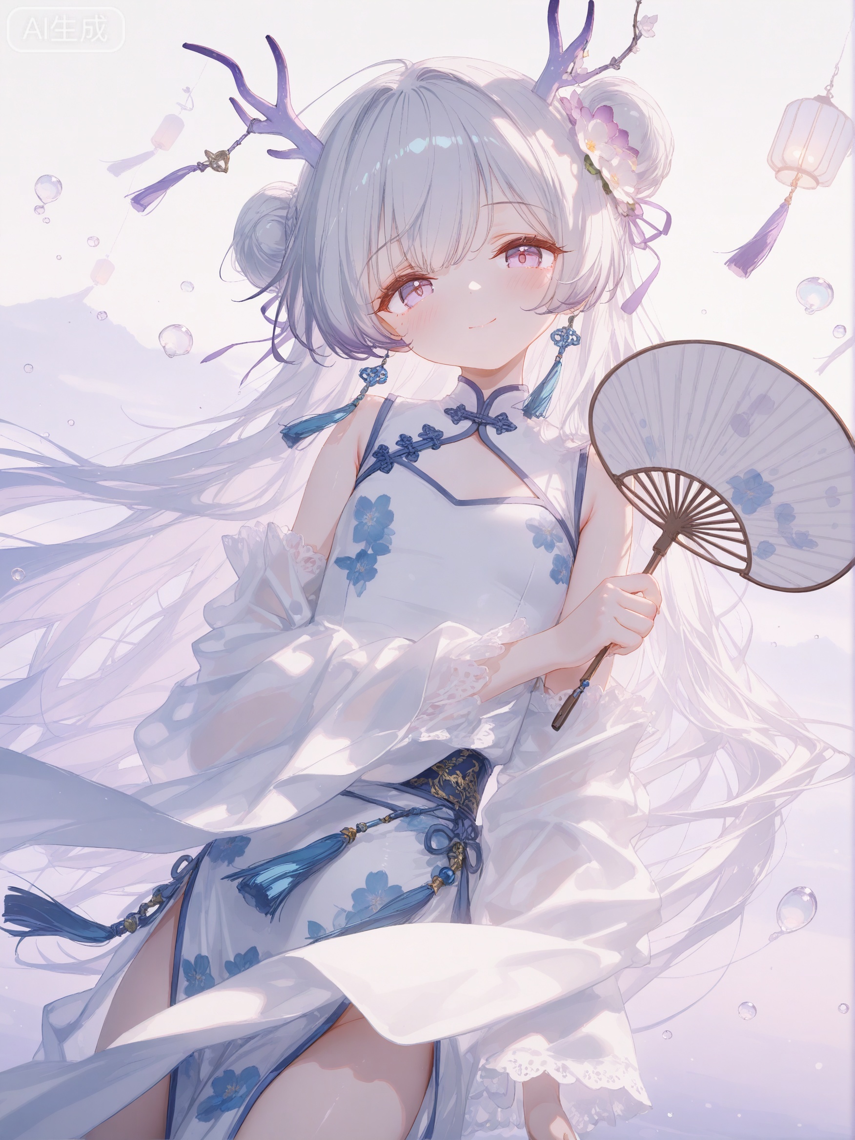 masterpiece,absurdres,best quality,loli,loli,petite,high quality,chromatic_aberration,cinematic_angle,dutch angle,photorealistic,//,artist:ciloranko,artist:ningen_mame,artist:sho_(sho_lwlw),artist:rhasta,artist:wlop,artist:ke-ta,artist:hiten \(hitenkei\),//, 1girl, solo, holding, long hair, dress, lantern, hair bun, white dress, hand fan, purple eyes, looking at viewer, hair ornament, double bun, holding fan, smile, twintails, flower, jewelry, hair flower, earrings, water drop, paper lantern, detached sleeves, blush, closed mouth, chinese clothes, frilled sleeves, tassel, horns, long sleeves, wide sleeves, purple ribbon, frills, paper fan, ribbon, purple hair, white background, lace trim, sidelocks, white hair, upper body, grey hair, white flower, breasts, floral print, bubble, very long hair, tassel earrings, simple background, uchiwa, lace-trimmed sleeves, purple theme, cowboy shot, antlers, china dress