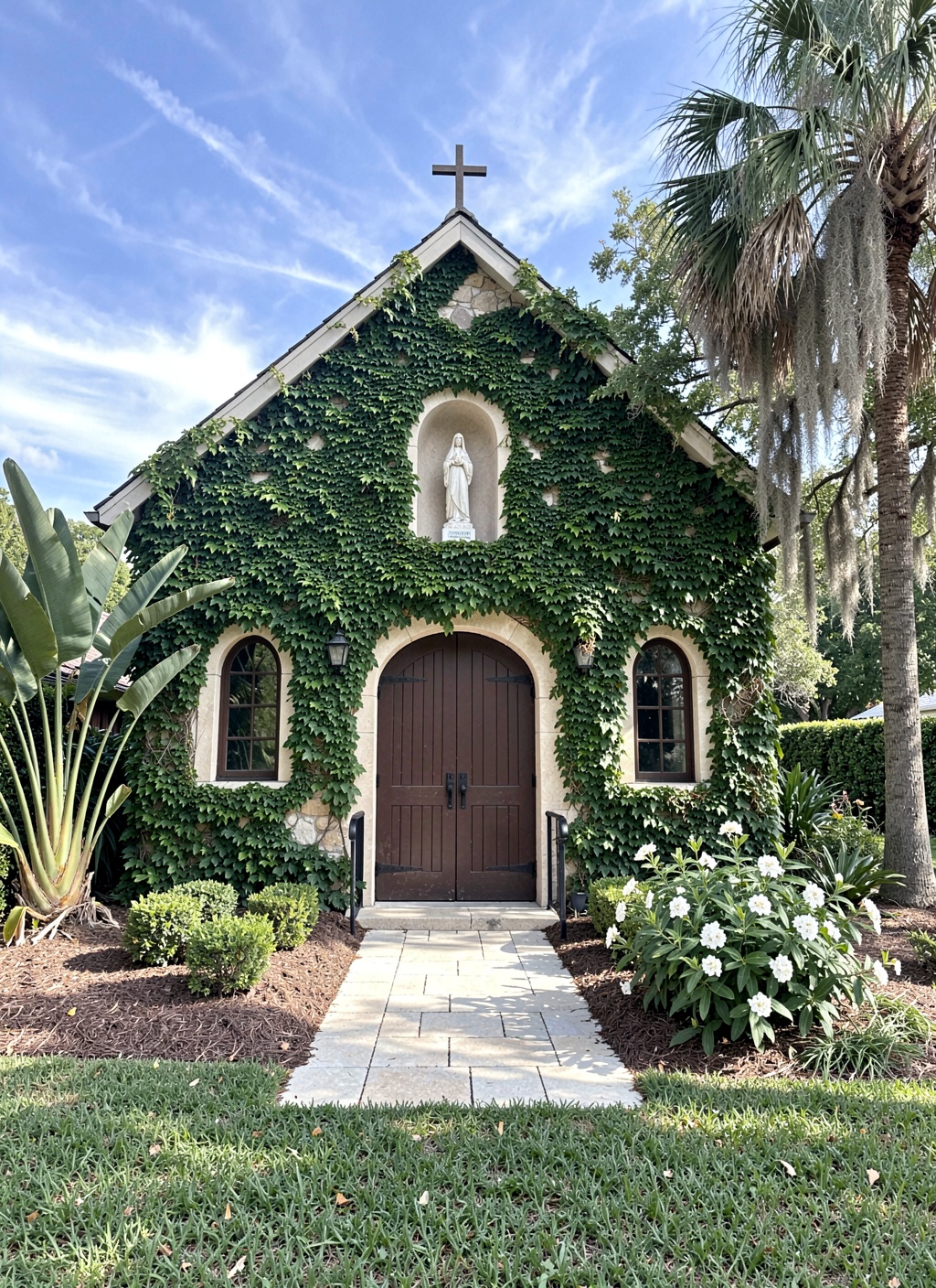 This is a picturesque,  sunlit photograph of a charming,  ivy-covered chapel or small church nestled in a lush on Tensor.Art