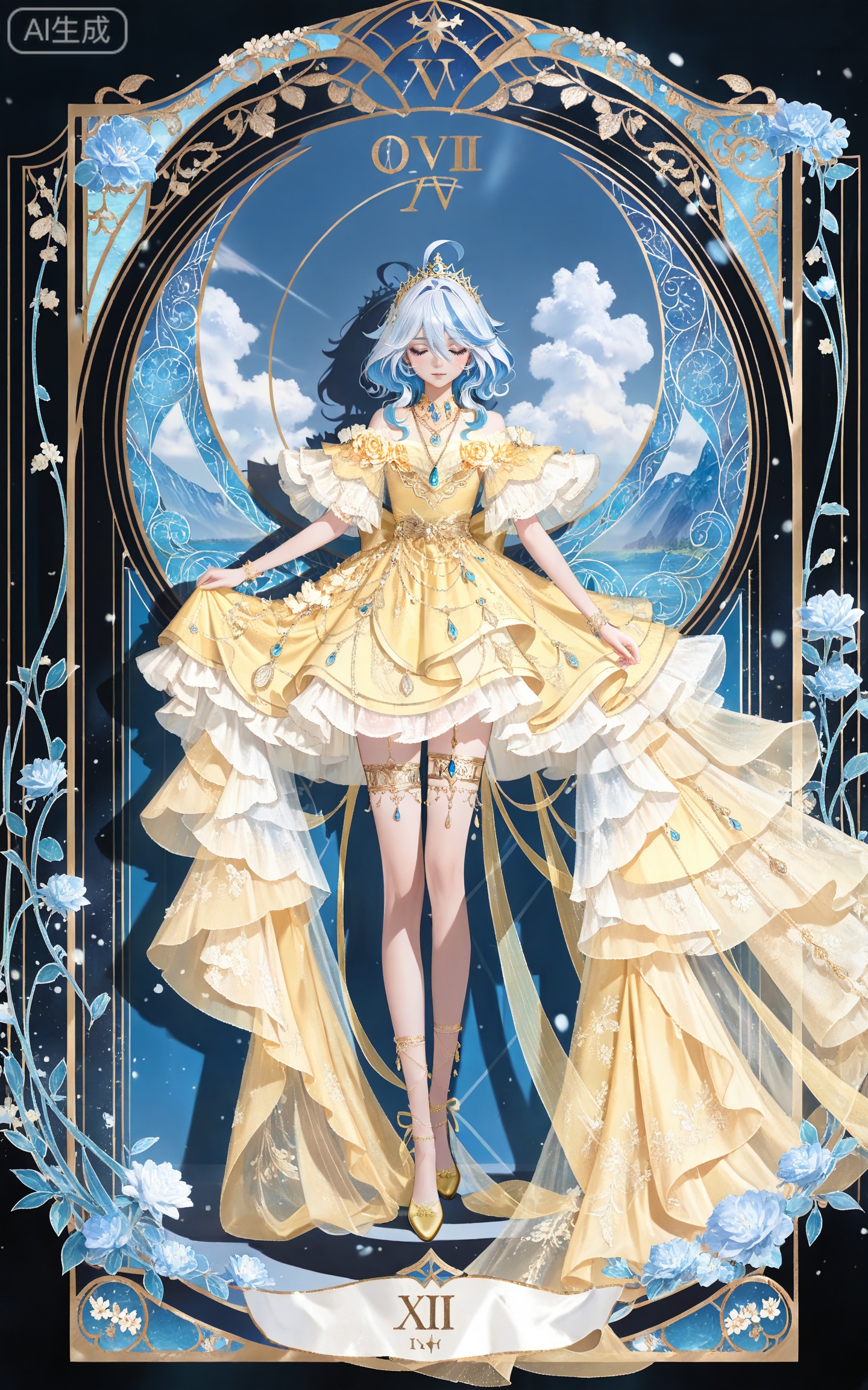 depth of field,masterpiece,best quality,very aesthetic,alternate costume,alternate costume,2024,2023,perfect composition,ultra-detailed,extreme aesthetic,masterpiece,best quality,good quality,newest,year 2024,year 2023,very aesthetic,absurdres,looking_at_viewer,colorful,
(FURINA\(genshin impact\):0.7),blue eyes,ahoge,(blue hair:1.4),heterochromia,bangs,hair between eyes,multicolored hair,(white hair:1.1),light blue hair,(medium hair:1.1),looking_at_viewer,
art nouveau,traditional media,flower,xiamu,(tarot (medium):1.2),day,shadow,
1girl, solo, long hair, black hair, closed eyes, dress, full body, jewelry, yellow footwear, necklace, tiara, yellow dress, skirt, thighlet, 50