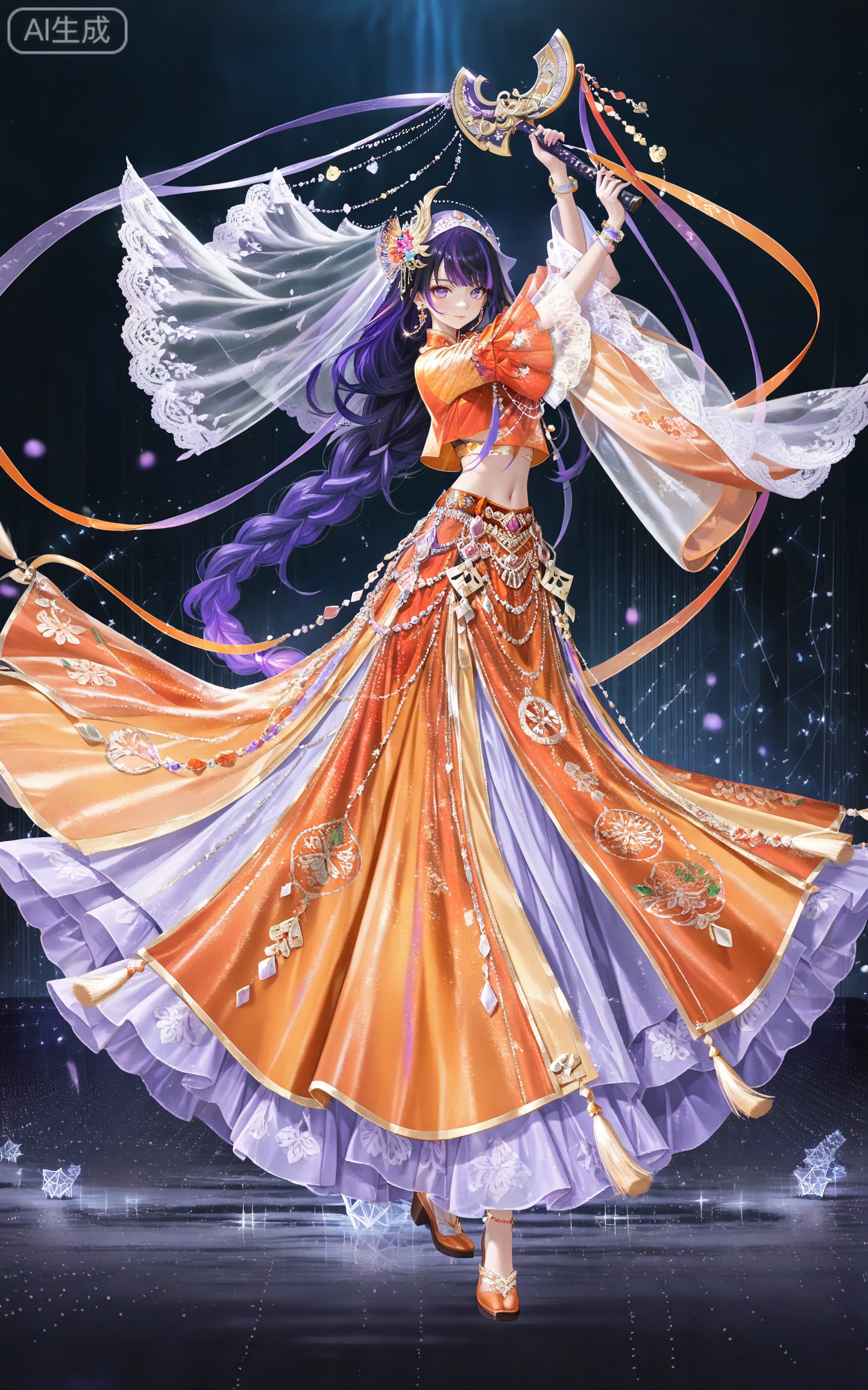 depth of field,masterpiece,best quality,very aesthetic,alternate costume,alternate costume,2024,2023,perfect composition,ultra-detailed,extreme aesthetic,masterpiece,best quality,good quality,newest,year 2024,year 2023,very aesthetic,absurdres,looking_at_viewer,colorful,
(raiden shogun_(genshin_impact):0.7),(purple hair:1.4),purple eyes,hair_ornament,long hair,braid,multicolored hair,gradient hair,streaked hair,
1girl, black hair, solo, long hair, jewelry, veil, skirt, midriff, earrings, full body, dancing, bracelet, orange skirt, navel, hair ornament, long skirt, 7