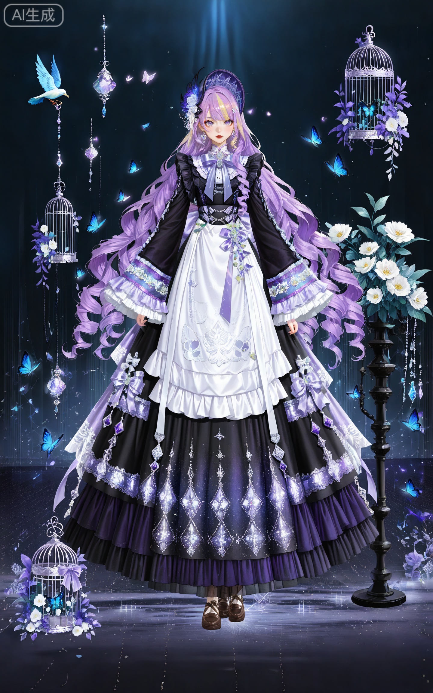 depth of field,masterpiece,best quality,very aesthetic,alternate costume,alternate costume,2024,2023,perfect composition,ultra-detailed,extreme aesthetic,masterpiece,best quality,good quality,newest,year 2024,year 2023,very aesthetic,absurdres,looking_at_viewer,colorful,
(raiden shogun_(genshin_impact):0.7),(purple hair:1.4),purple eyes,hair_ornament,long hair,braid,multicolored hair,gradient hair,streaked hair,
1girl, birdcage, cage, long hair, dress, butterfly, blonde hair, bug, solo, flower, black dress, full body, jewelry, earrings, standing, purple eyes, hair ornament, looking at viewer, long sleeves, drill hair, frills, bow, very long hair, white flower, blue butterfly, brown footwear, long dress, shoes, black footwear, curly hair, ribbon, apron, gem, red lips, bowtie, hair flower, frilled sleeves, lolita fashion, holding, wide sleeves, bird, 6