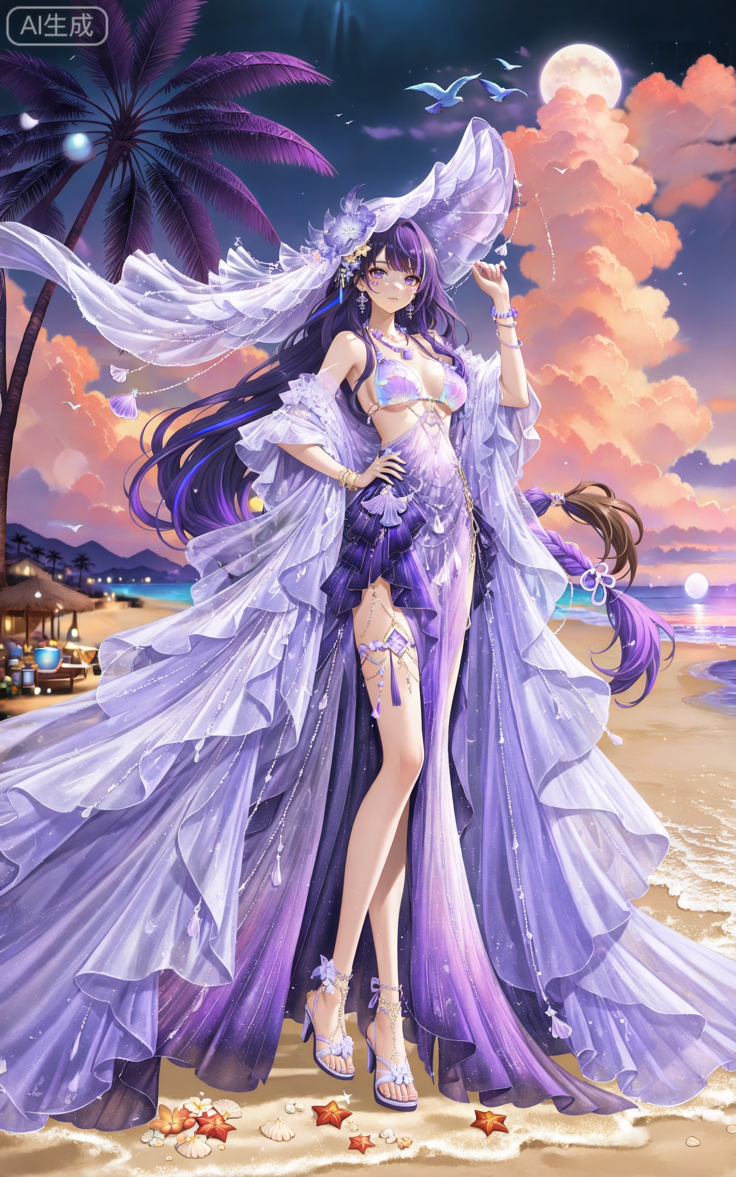 depth of field,masterpiece,best quality,very aesthetic,alternate costume,alternate costume,2024,2023,perfect composition,ultra-detailed,extreme aesthetic,masterpiece,best quality,good quality,newest,year 2024,year 2023,very aesthetic,absurdres,looking_at_viewer,colorful,
(raiden shogun_(genshin_impact):0.7),(purple hair:1.4),purple eyes,hair_ornament,long hair,braid,multicolored hair,gradient hair,streaked hair,
1girl, brown hair, long hair, palm tree, dress, tree, jewelry, beach, solo, sky, full body, moon, bracelet, earrings, necklace, bird, shell, sand, night, coconut tree, high heels, flower, cloud, facial mark, 5