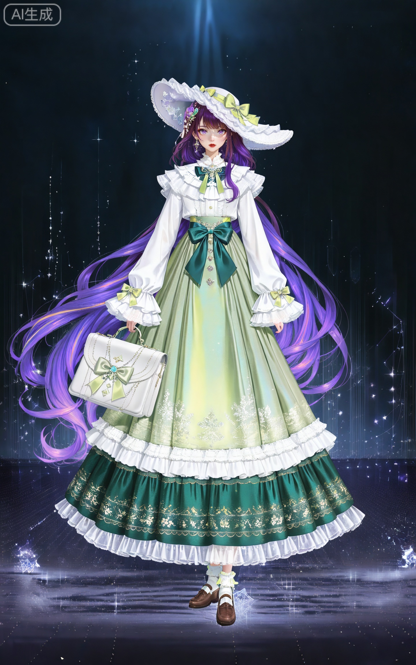 depth of field,masterpiece,best quality,very aesthetic,alternate costume,alternate costume,2024,2023,perfect composition,ultra-detailed,extreme aesthetic,masterpiece,best quality,good quality,newest,year 2024,year 2023,very aesthetic,absurdres,looking_at_viewer,colorful,
(raiden shogun_(genshin_impact):0.7),(purple hair:1.4),purple eyes,hair_ornament,long hair,braid,multicolored hair,gradient hair,streaked hair,
1girl, solo, long hair, dress, hat, jewelry, full body, earrings, long sleeves, bow, shoes, standing, looking at viewer, hat bow, green dress, red lips, very long hair, frills, white headwear, brown hair, socks, brown footwear, green bow, white socks, sparkle, 4