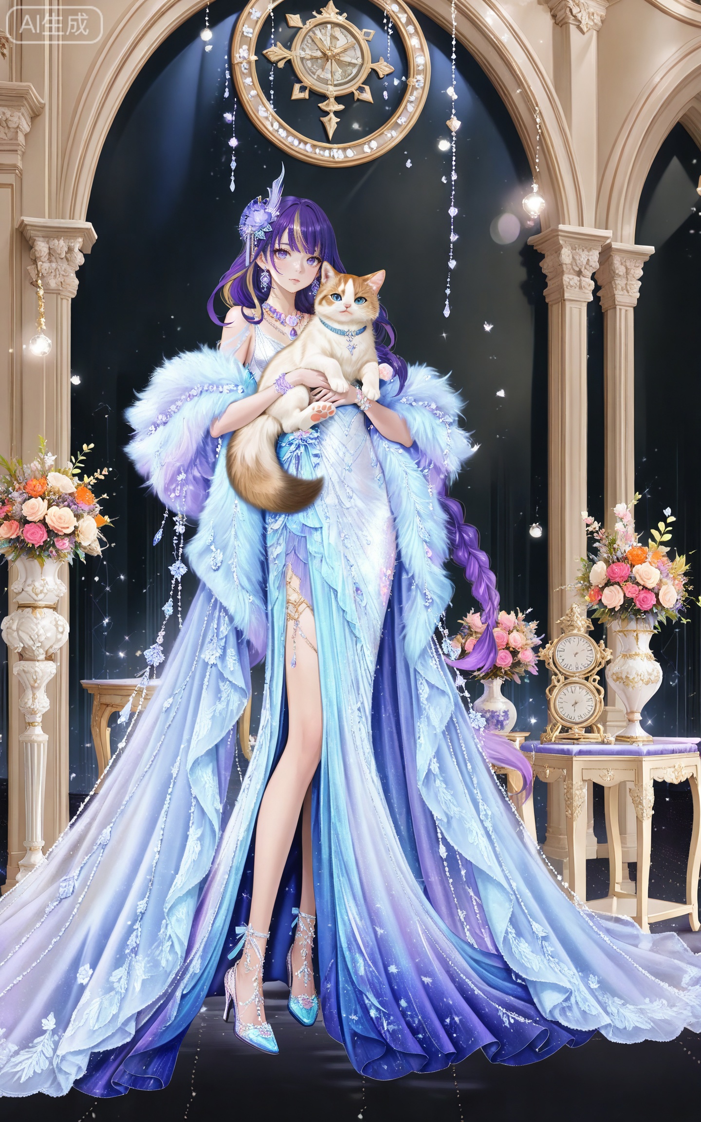 depth of field,masterpiece,best quality,very aesthetic,alternate costume,alternate costume,2024,2023,perfect composition,ultra-detailed,extreme aesthetic,masterpiece,best quality,good quality,newest,year 2024,year 2023,very aesthetic,absurdres,looking_at_viewer,colorful,
(raiden shogun_(genshin_impact):0.7),(purple hair:1.4),purple eyes,hair_ornament,long hair,braid,multicolored hair,gradient hair,streaked hair,
1girl, blonde hair, dress, jewelry, flower, earrings, holding, blue eyes, holding animal, full body, solo, high heels, hair ornament, bouquet, cat, necklace, blue dress, animal, short hair, looking at viewer, rose, dog, white dress, standing, 34