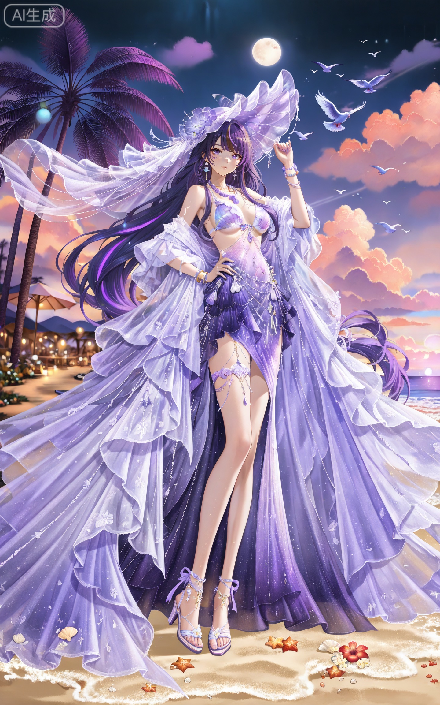 depth of field,masterpiece,best quality,very aesthetic,alternate costume,alternate costume,2024,2023,perfect composition,ultra-detailed,extreme aesthetic,masterpiece,best quality,good quality,newest,year 2024,year 2023,very aesthetic,absurdres,looking_at_viewer,colorful,
(raiden shogun_(genshin_impact):0.7),(purple hair:1.4),purple eyes,hair_ornament,long hair,braid,multicolored hair,gradient hair,streaked hair,
1girl, brown hair, long hair, palm tree, dress, tree, jewelry, beach, solo, sky, full body, moon, bracelet, earrings, necklace, bird, shell, sand, night, coconut tree, high heels, flower, cloud, facial mark, 5