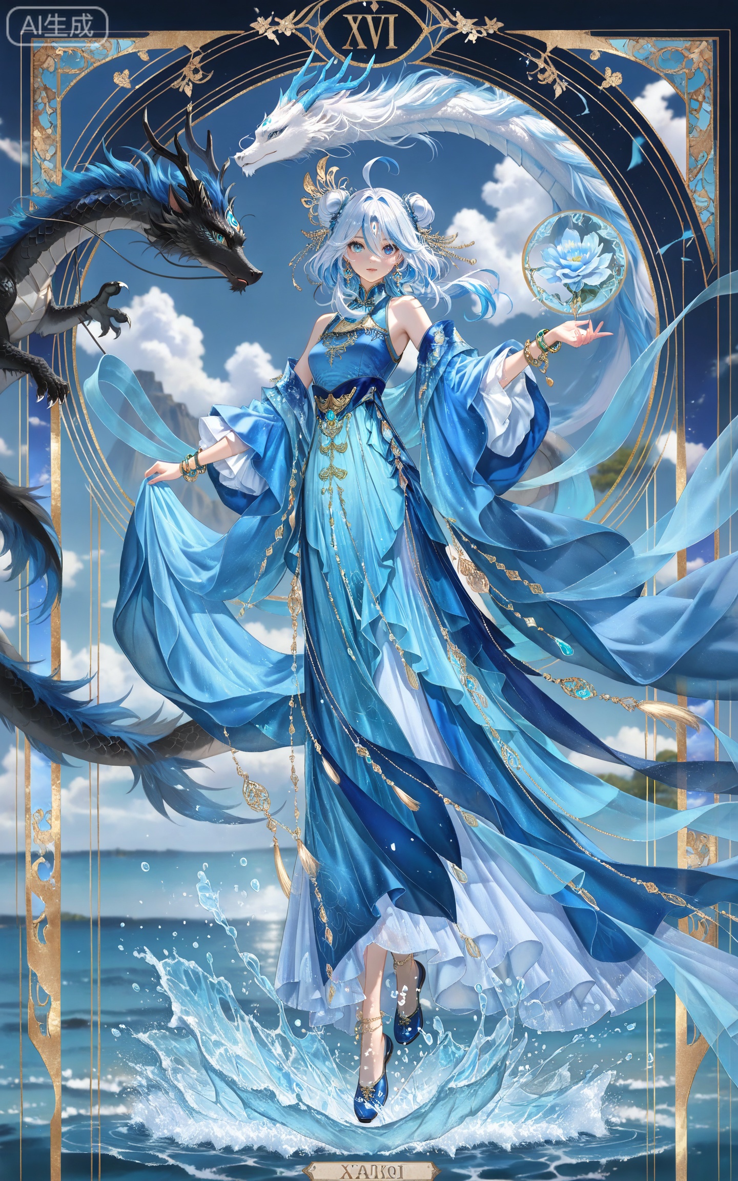 depth of field,masterpiece,best quality,very aesthetic,alternate costume,alternate costume,2024,2023,perfect composition,ultra-detailed,extreme aesthetic,masterpiece,best quality,good quality,newest,year 2024,year 2023,very aesthetic,absurdres,looking_at_viewer,colorful,
(FURINA\(genshin impact\):0.7),blue eyes,ahoge,(blue hair:1.4),heterochromia,bangs,hair between eyes,multicolored hair,(white hair:1.1),light blue hair,(medium hair:1.1),looking_at_viewer,
art nouveau,traditional media,flower,xiamu,(tarot (medium):1.2),day,shadow,
1girl, long hair, dress, jewelry, water, hair bun, black hair, blue dress, hair ornament, solo, full body, forehead mark, bracelet, earrings, chinese clothes, sky, splashing, dragon, 57