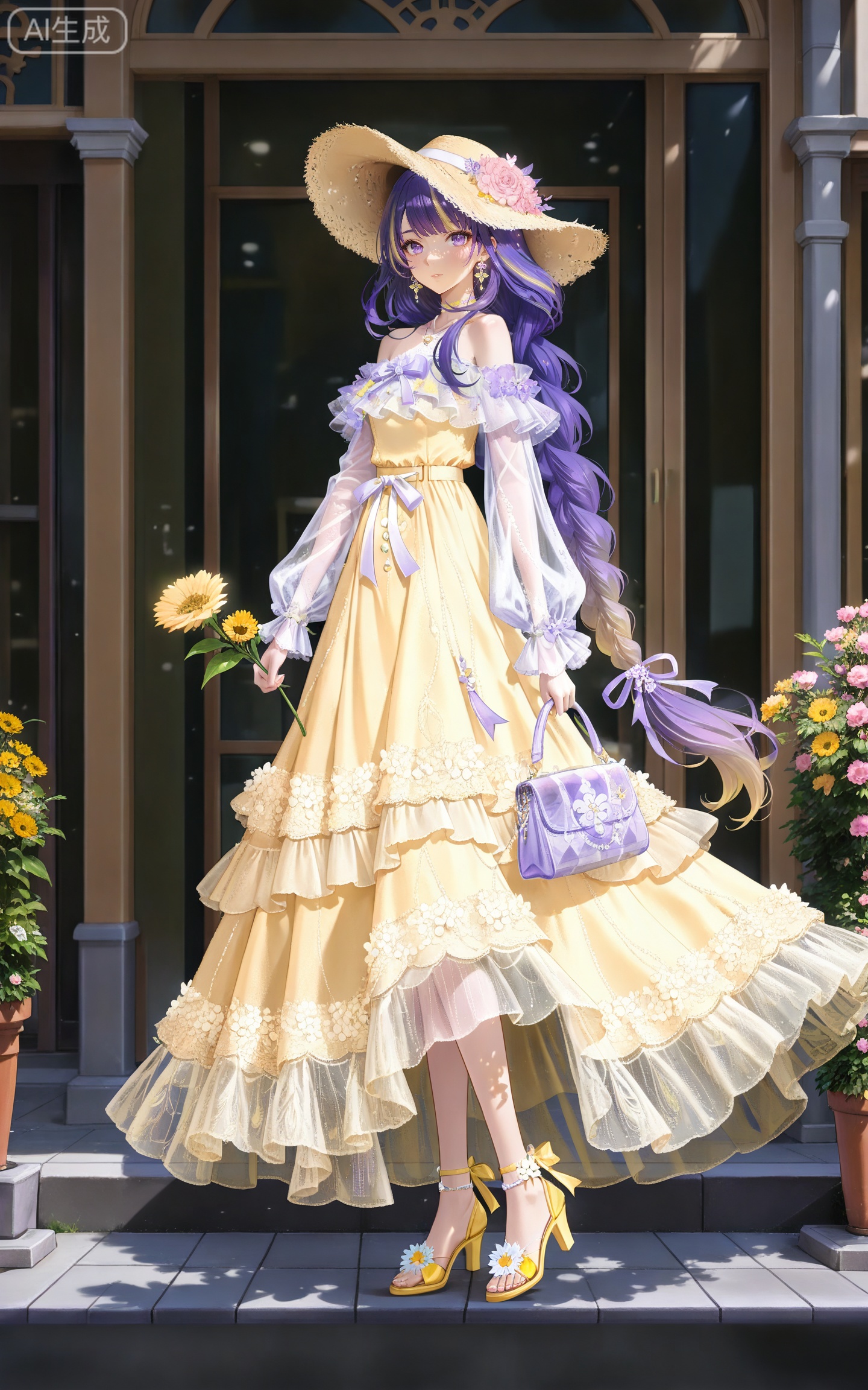 depth of field,masterpiece,best quality,very aesthetic,alternate costume,alternate costume,2024,2023,perfect composition,ultra-detailed,extreme aesthetic,masterpiece,best quality,good quality,newest,year 2024,year 2023,very aesthetic,absurdres,looking_at_viewer,colorful,
(raiden shogun_(genshin_impact):0.7),(purple hair:1.4),purple eyes,hair_ornament,long hair,braid,multicolored hair,gradient hair,streaked hair,
1girl, flower, blonde hair, solo, hat, dress, long hair, jewelry, holding, yellow dress, bag, holding flower, earrings, hat flower, yellow flower, full body, handbag, standing, bare shoulders, holding bag, yellow footwear, see-through, looking at viewer, sun hat, high heels, pink flower, yellow headwear, 1