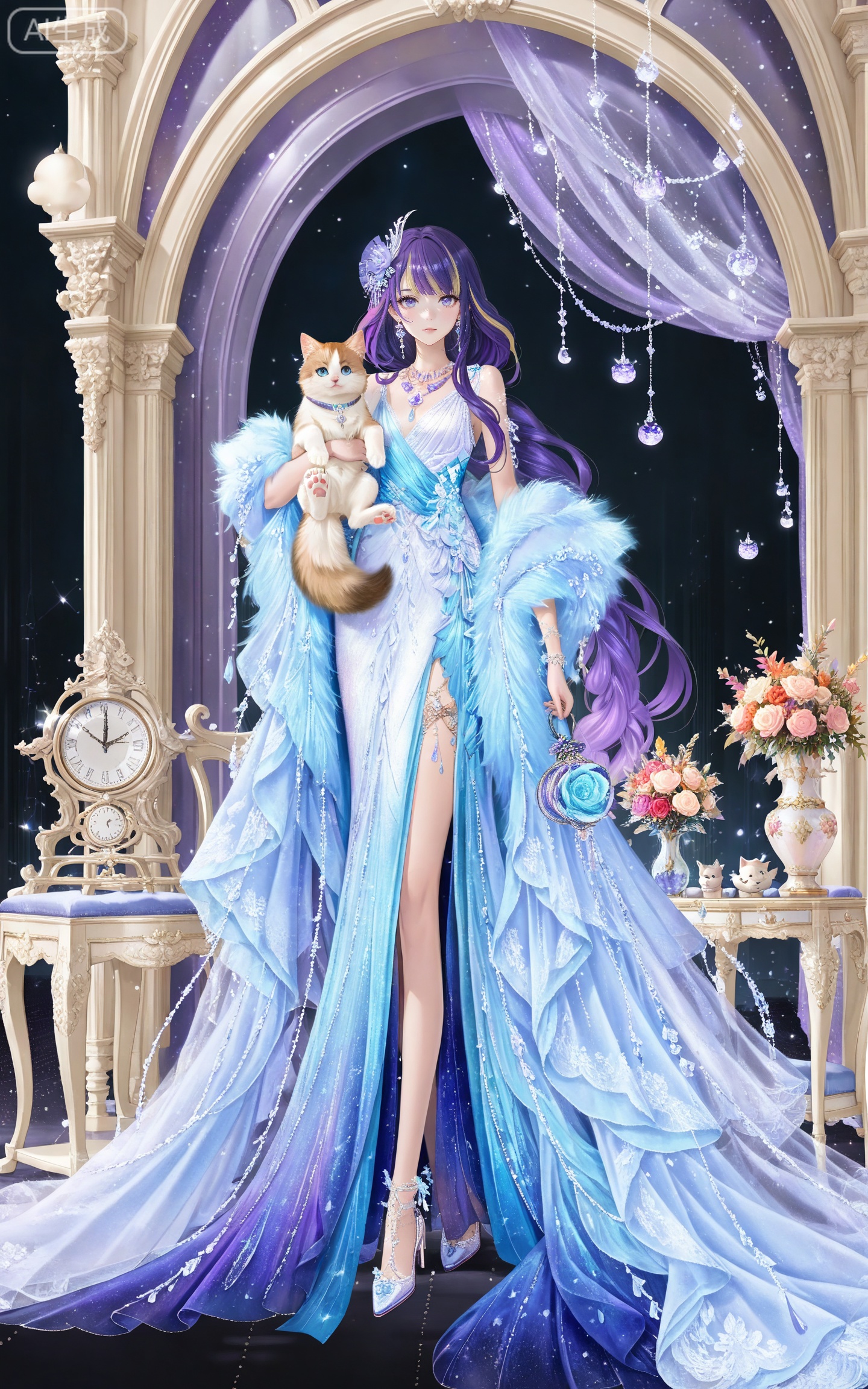 depth of field,masterpiece,best quality,very aesthetic,alternate costume,alternate costume,2024,2023,perfect composition,ultra-detailed,extreme aesthetic,masterpiece,best quality,good quality,newest,year 2024,year 2023,very aesthetic,absurdres,looking_at_viewer,colorful,
(raiden shogun_(genshin_impact):0.7),(purple hair:1.4),purple eyes,hair_ornament,long hair,braid,multicolored hair,gradient hair,streaked hair,
1girl, blonde hair, dress, jewelry, flower, earrings, holding, blue eyes, holding animal, full body, solo, high heels, hair ornament, bouquet, cat, necklace, blue dress, animal, short hair, looking at viewer, rose, dog, white dress, standing, 34