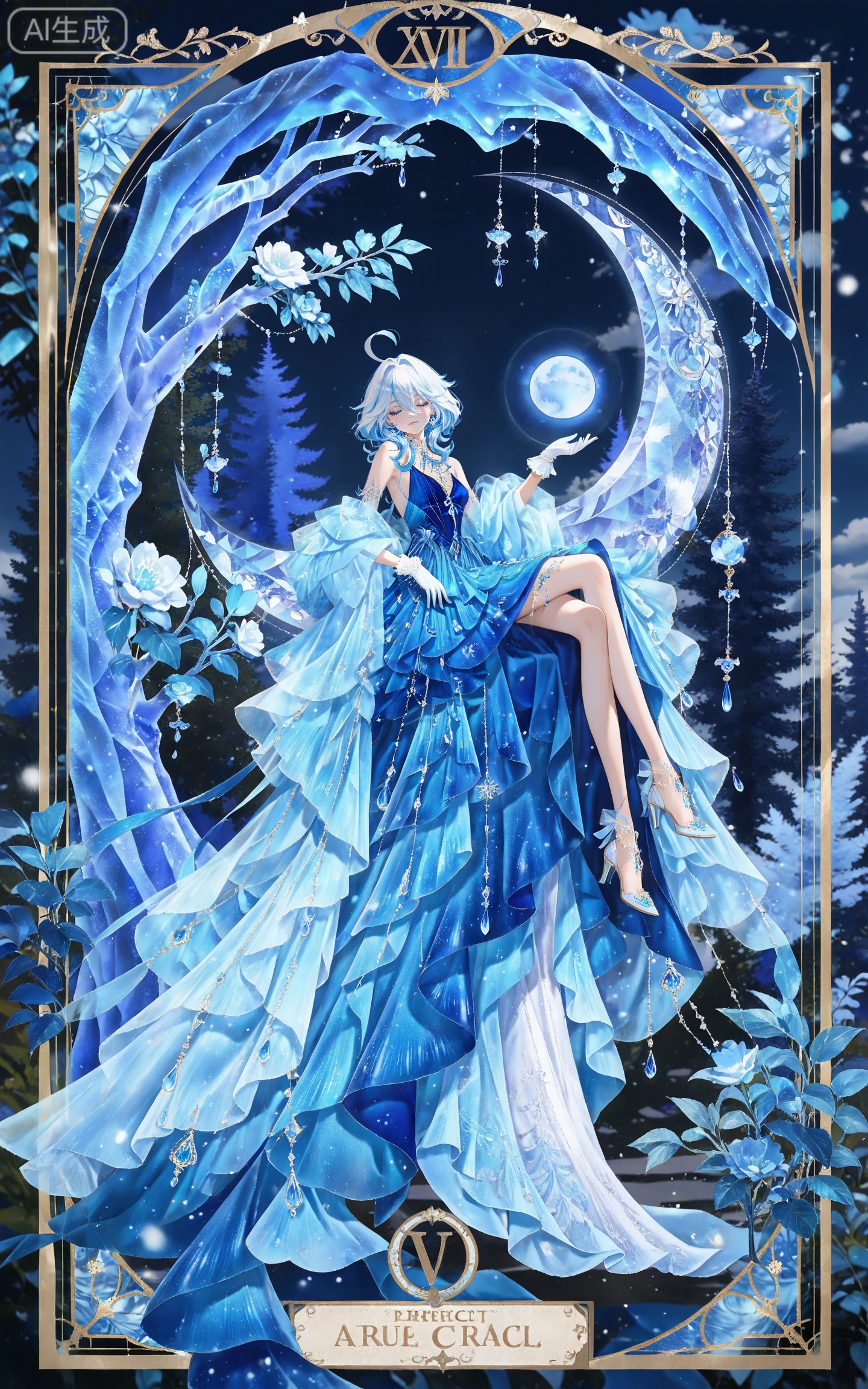 depth of field,masterpiece,best quality,very aesthetic,alternate costume,alternate costume,2024,2023,perfect composition,ultra-detailed,extreme aesthetic,masterpiece,best quality,good quality,newest,year 2024,year 2023,very aesthetic,absurdres,looking_at_viewer,colorful,
(FURINA\(genshin impact\):0.7),blue eyes,ahoge,(blue hair:1.4),heterochromia,bangs,hair between eyes,multicolored hair,(white hair:1.1),light blue hair,(medium hair:1.1),looking_at_viewer,
art nouveau,traditional media,flower,xiamu,(tarot (medium):1.2),day,shadow,
1girl, long hair, dress, blonde hair, solo, blue dress, tree, blue theme, closed eyes, moon, night, high heels, gloves, 58