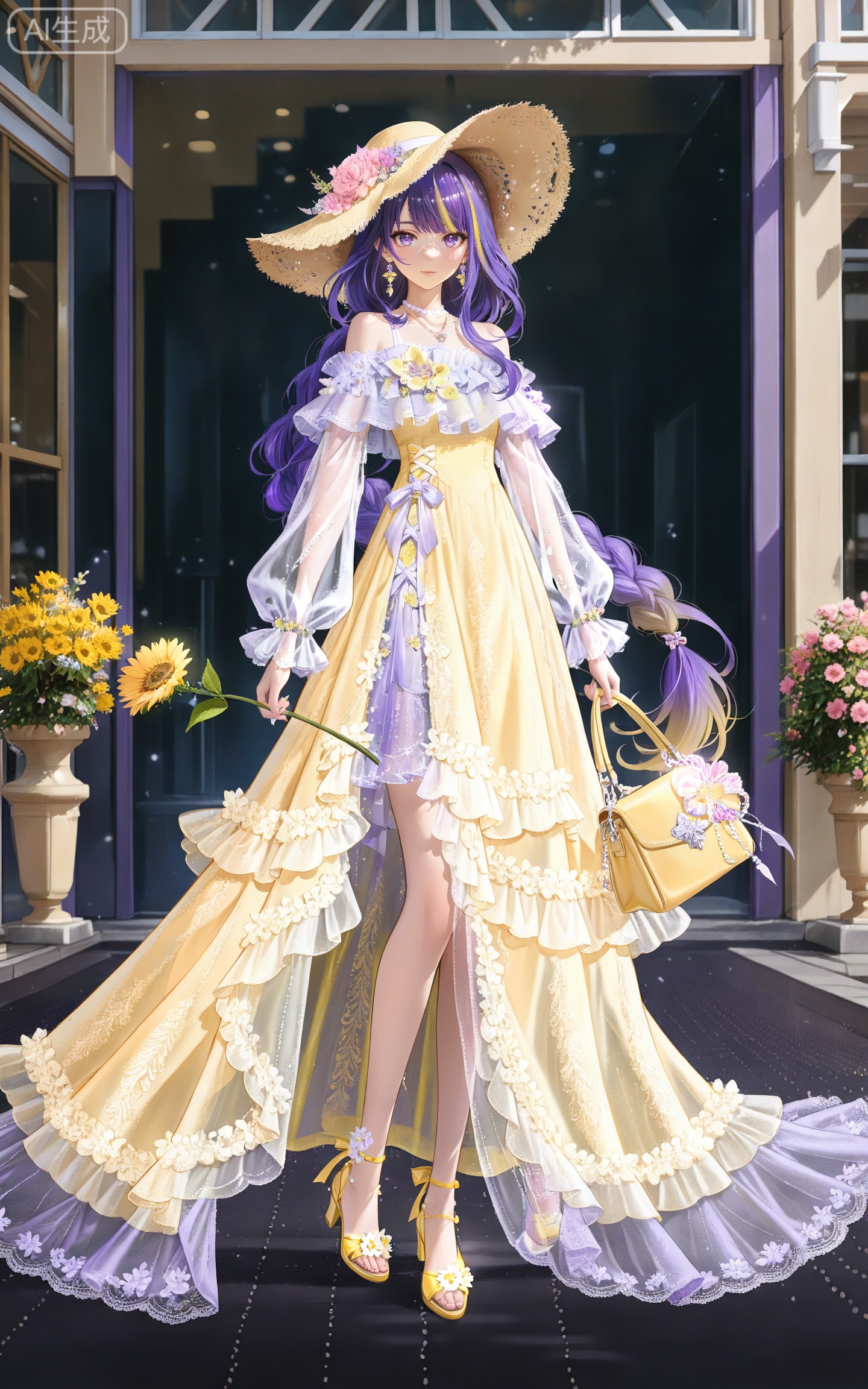 depth of field,masterpiece,best quality,very aesthetic,alternate costume,alternate costume,2024,2023,perfect composition,ultra-detailed,extreme aesthetic,masterpiece,best quality,good quality,newest,year 2024,year 2023,very aesthetic,absurdres,looking_at_viewer,colorful,
(raiden shogun_(genshin_impact):0.7),(purple hair:1.4),purple eyes,hair_ornament,long hair,braid,multicolored hair,gradient hair,streaked hair,
1girl, flower, blonde hair, solo, hat, dress, long hair, jewelry, holding, yellow dress, bag, holding flower, earrings, hat flower, yellow flower, full body, handbag, standing, bare shoulders, holding bag, yellow footwear, see-through, looking at viewer, sun hat, high heels, pink flower, yellow headwear, 1