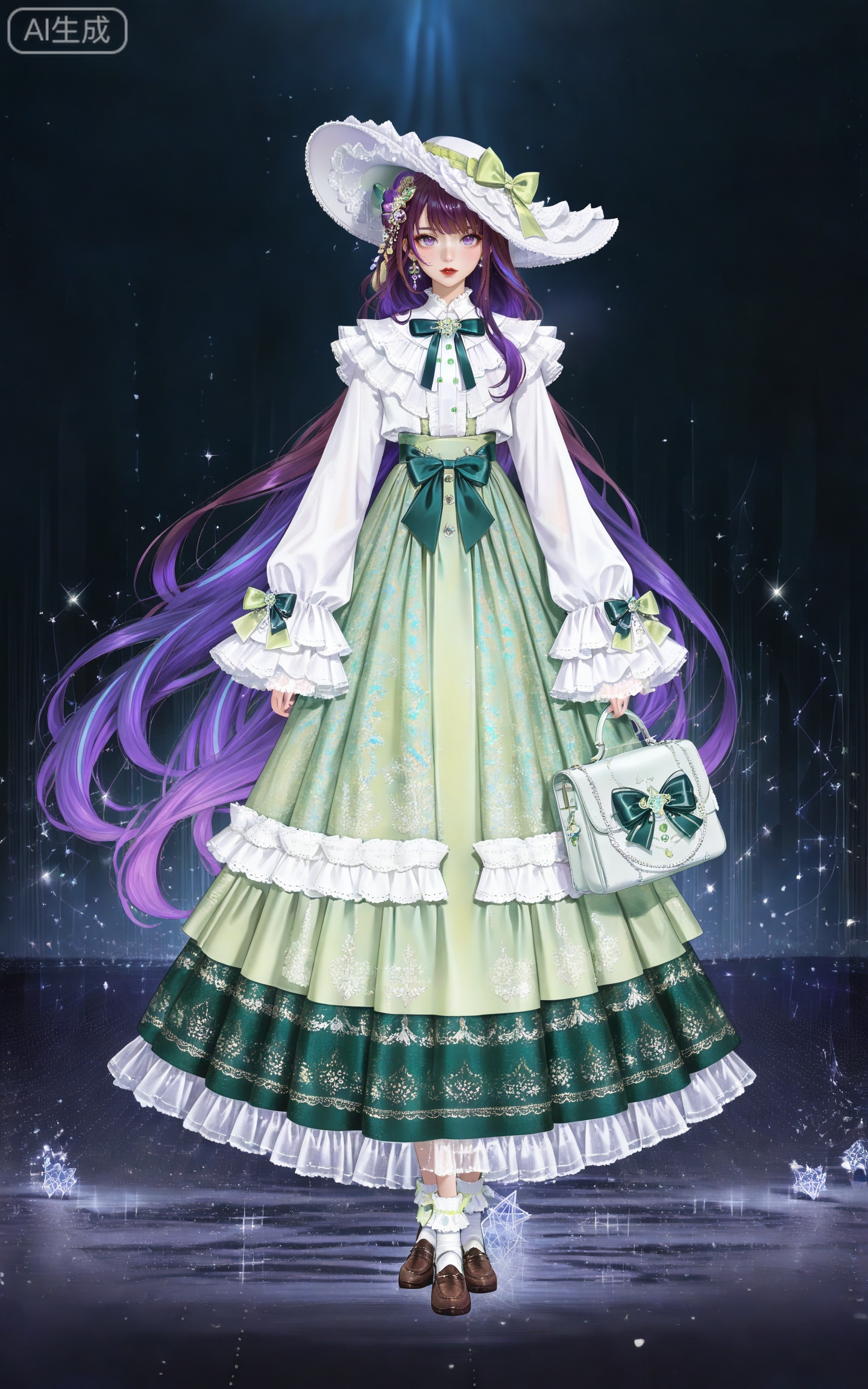 depth of field,masterpiece,best quality,very aesthetic,alternate costume,alternate costume,2024,2023,perfect composition,ultra-detailed,extreme aesthetic,masterpiece,best quality,good quality,newest,year 2024,year 2023,very aesthetic,absurdres,looking_at_viewer,colorful,
(raiden shogun_(genshin_impact):0.7),(purple hair:1.4),purple eyes,hair_ornament,long hair,braid,multicolored hair,gradient hair,streaked hair,
1girl, solo, long hair, dress, hat, jewelry, full body, earrings, long sleeves, bow, shoes, standing, looking at viewer, hat bow, green dress, red lips, very long hair, frills, white headwear, brown hair, socks, brown footwear, green bow, white socks, sparkle, 4