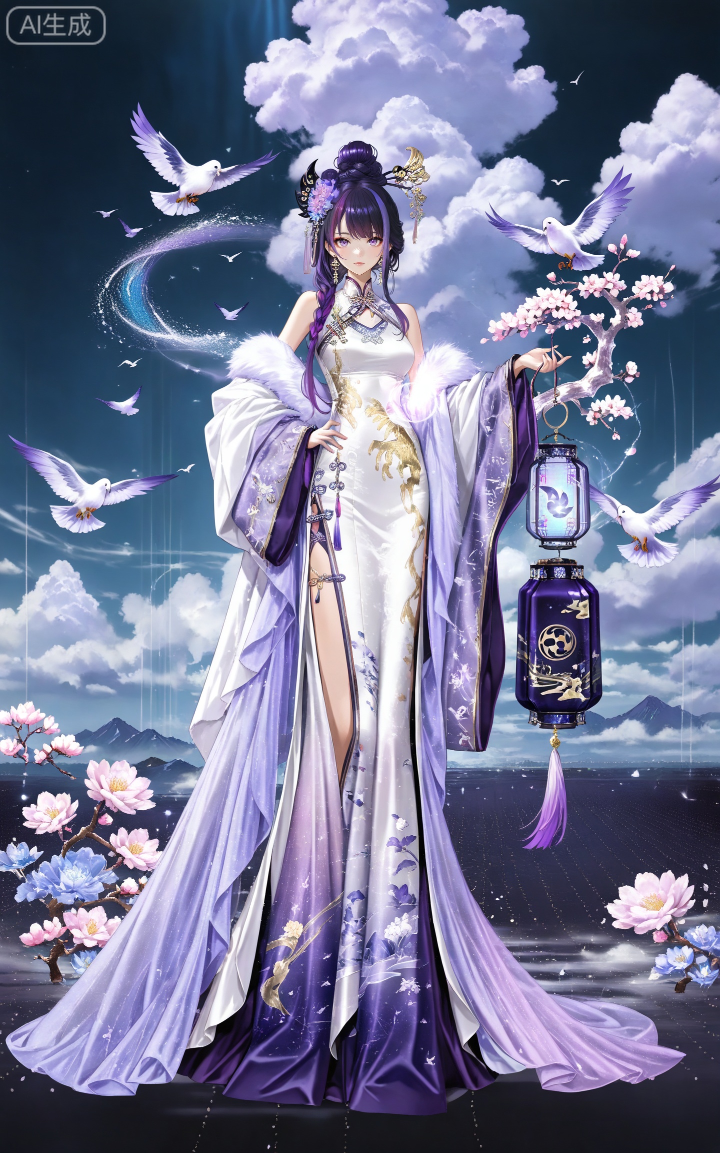 depth of field,masterpiece,best quality,very aesthetic,alternate costume,alternate costume,2024,2023,perfect composition,ultra-detailed,extreme aesthetic,masterpiece,best quality,good quality,newest,year 2024,year 2023,very aesthetic,absurdres,looking_at_viewer,colorful,
(raiden shogun_(genshin_impact):0.7),(purple hair:1.4),purple eyes,hair_ornament,long hair,braid,multicolored hair,gradient hair,streaked hair,
1girl, dress, white dress, solo, flower, bird, hair ornament, full body, holding, hair bun, earrings, jewelry, chinese clothes, black hair, brown hair, looking at viewer, sky, standing, 8