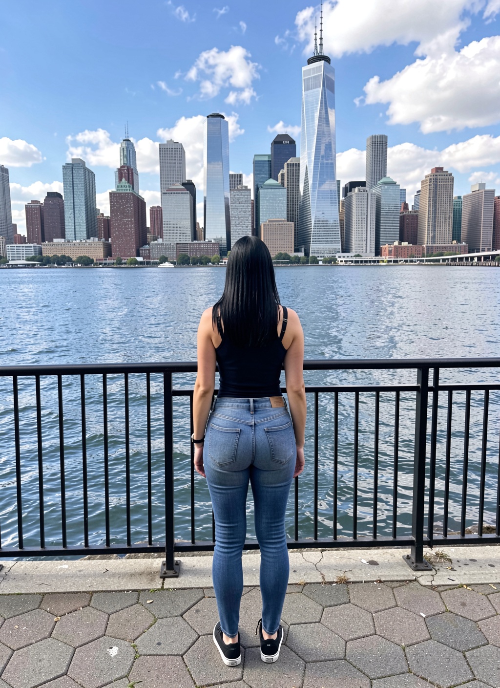 A person with black hair stands facing away from the camera,  looking out over a body of water toward a distant city skyli...