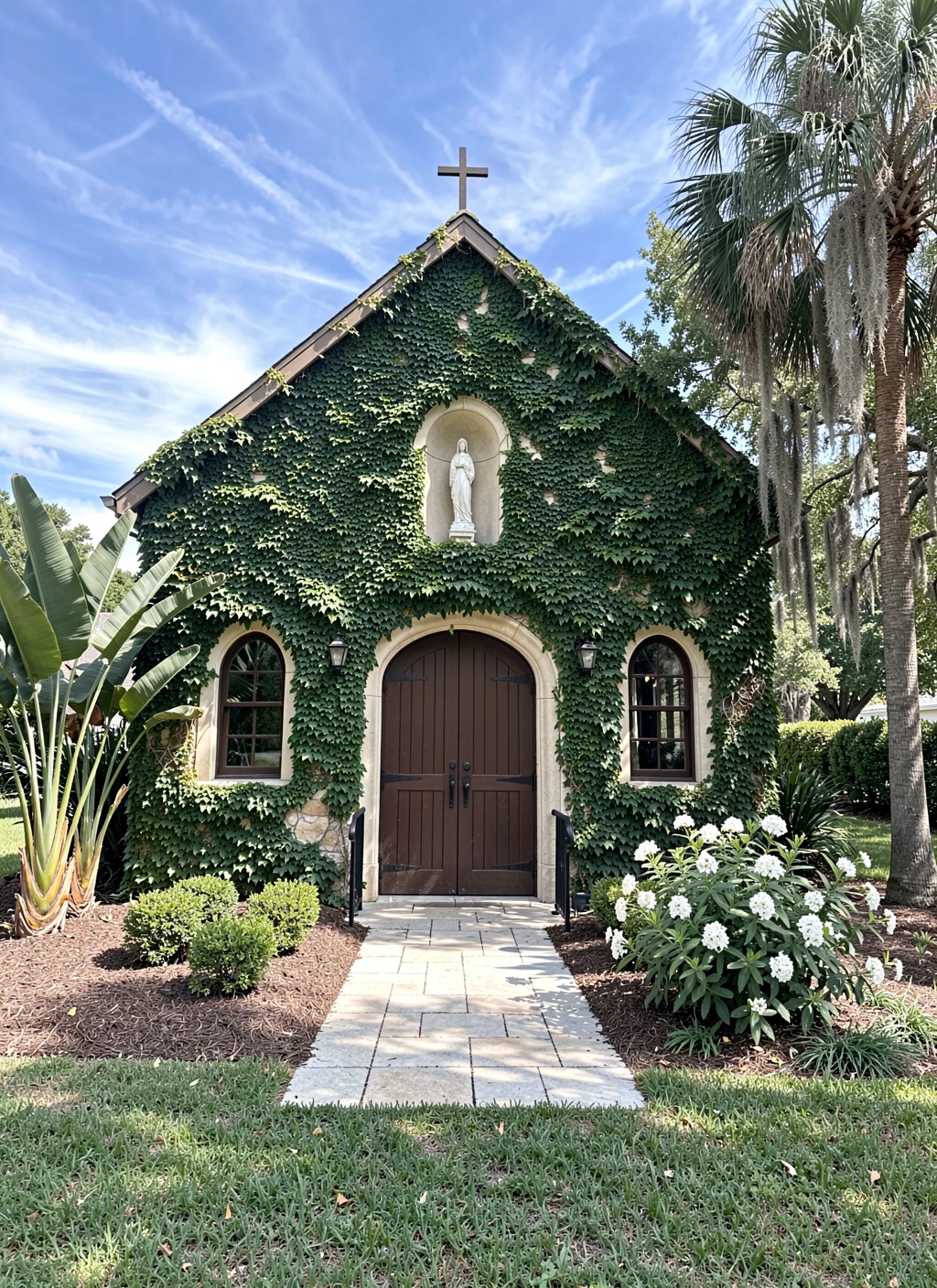 This is a picturesque,  sunlit photograph of a charming,  ivy-covered chapel or small church nestled in a lush on Tensor.Art