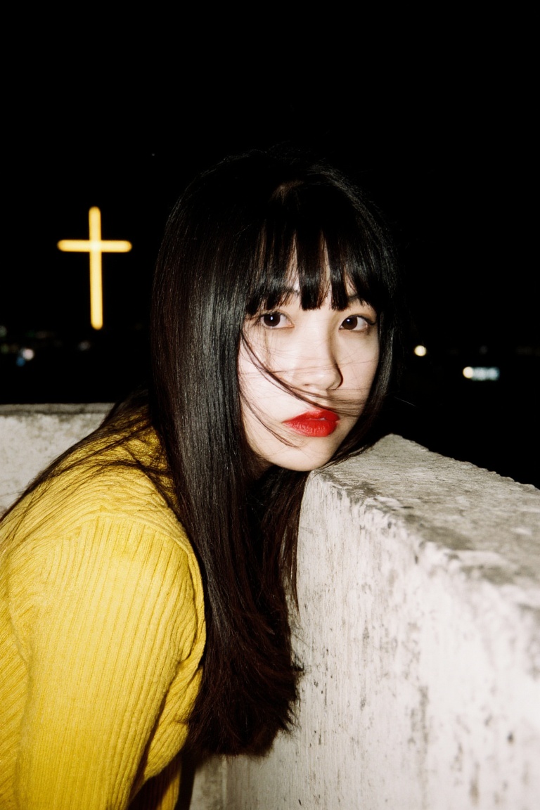 A young woman with long,  straight black hair and bangs,  accented by vibrant red lipstick on Tensor.Art