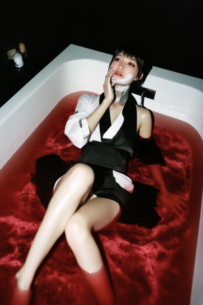 Fine art professional photo Shot on 35mm film with 35mm lenses of a female cyborg figure with a samurai outfit,  inside a...