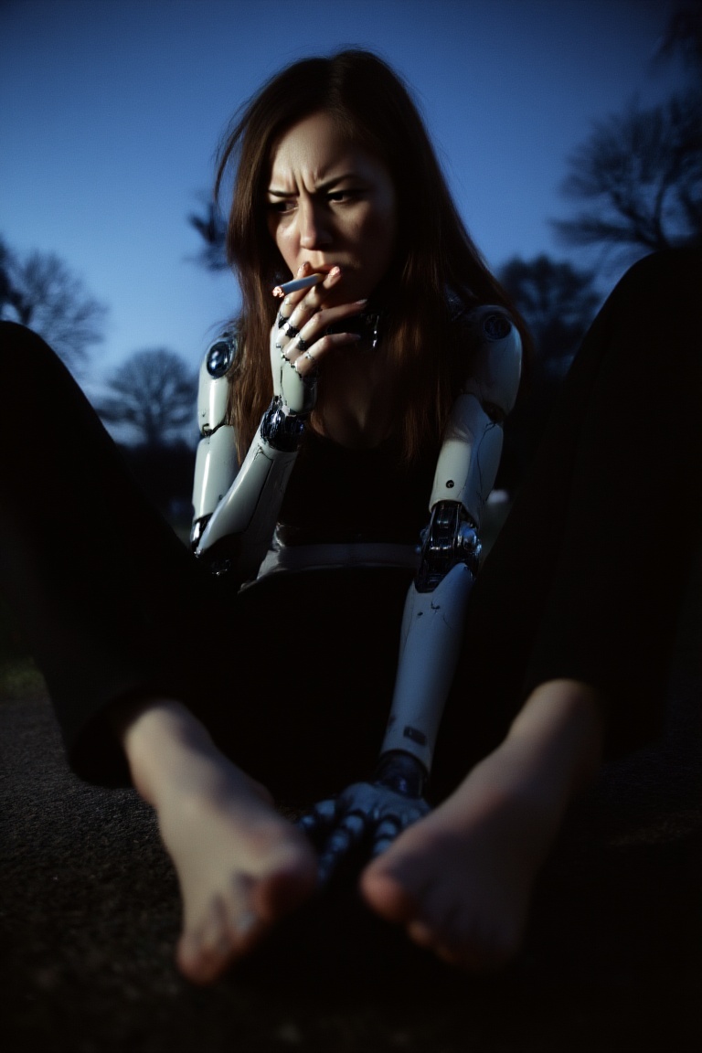 Film photography aesthetic captured from below of a female cyborg,  smoking a cigarette sitting on a park looking down ann...