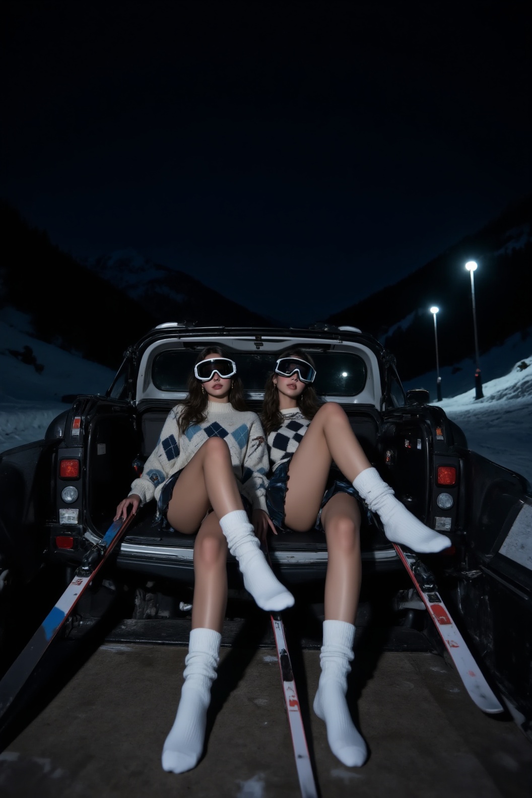 a photograph of two women wearing white socks and skis,  sitting on the floor of the back seat of an open snowmobile at ni...
