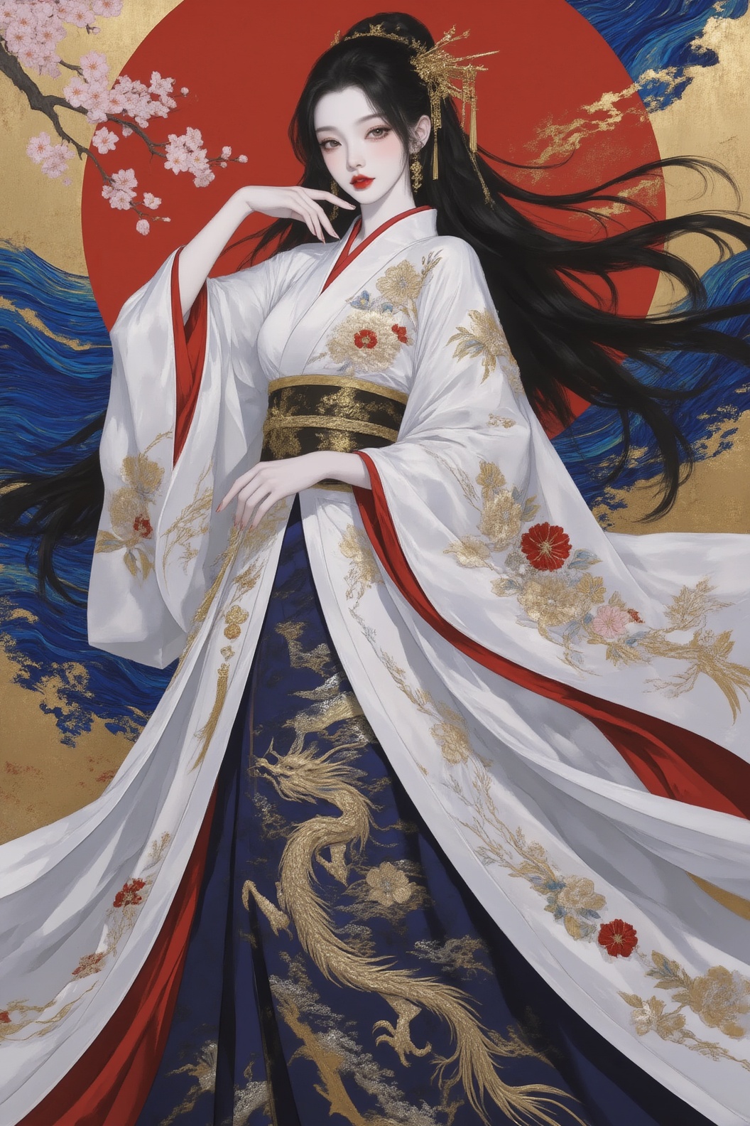 这幅数字艺术作品描绘了一位美丽的亚洲女性,  她有着苍白的皮肤和飘逸的黑发,  上面装饰着金色的配饰。她穿着一件精致的白色和服 on Tensor.Art